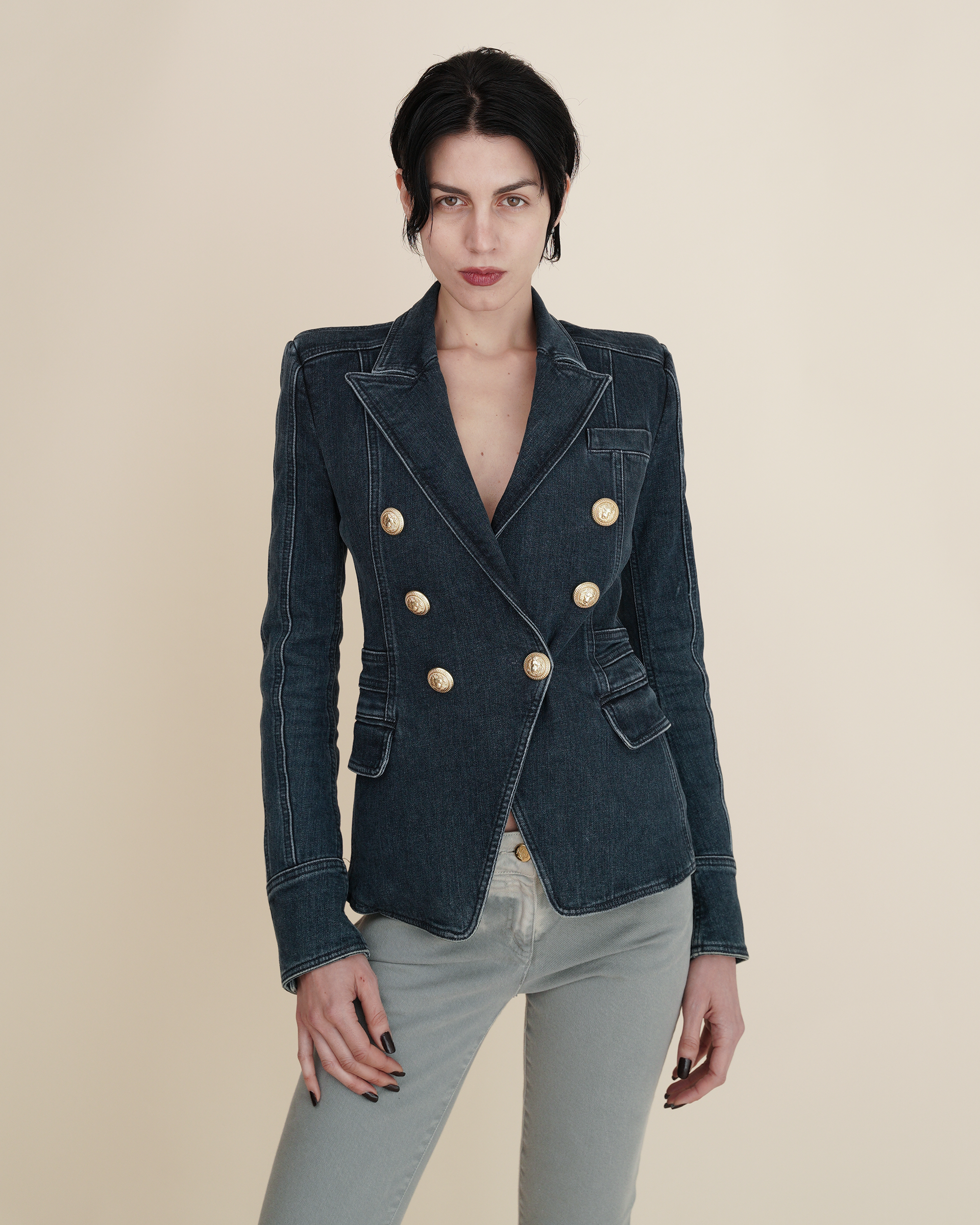 Balmain Double-Breasted 6-Button Denim Blazer