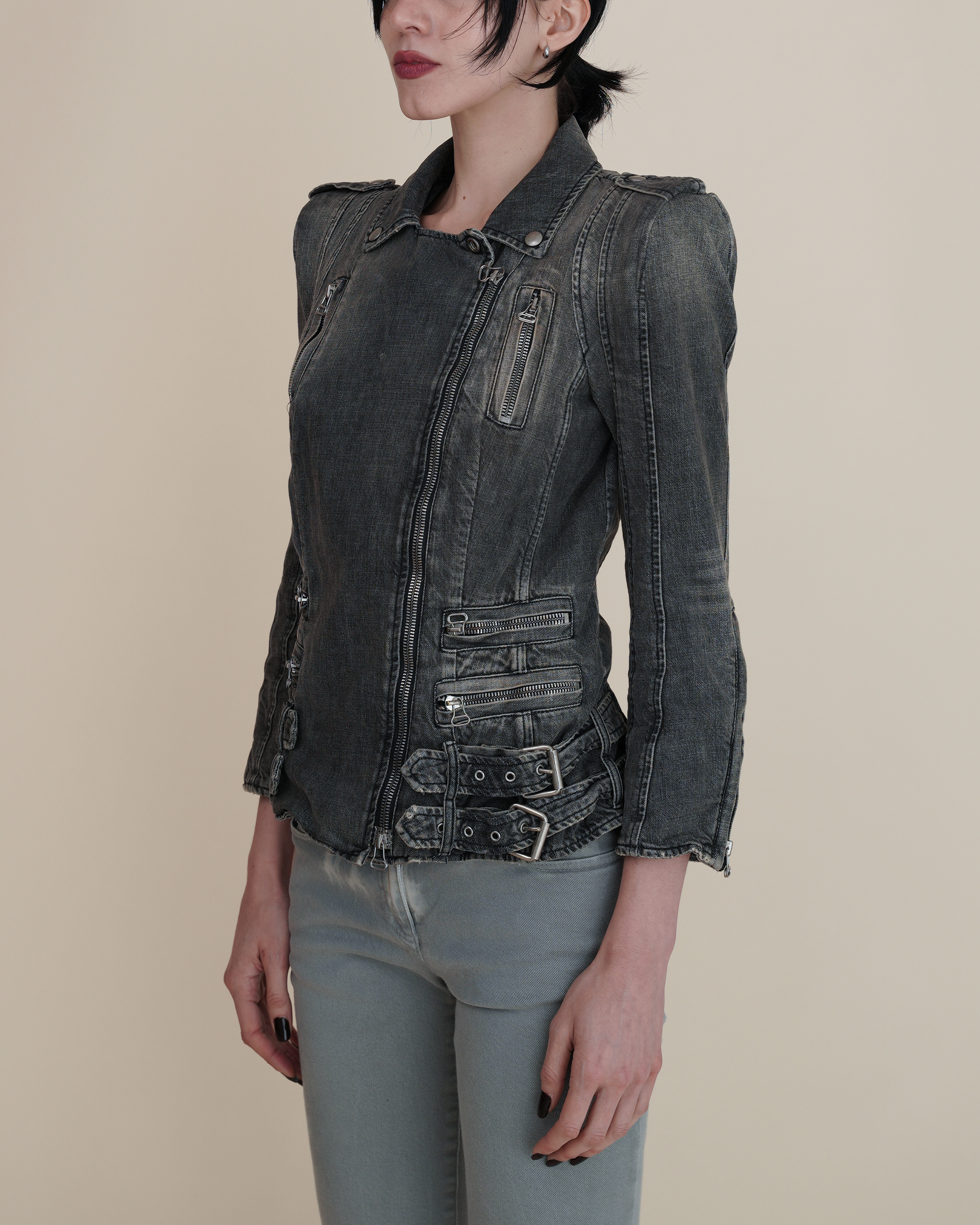 Balmain Faded Denim Biker Jacket