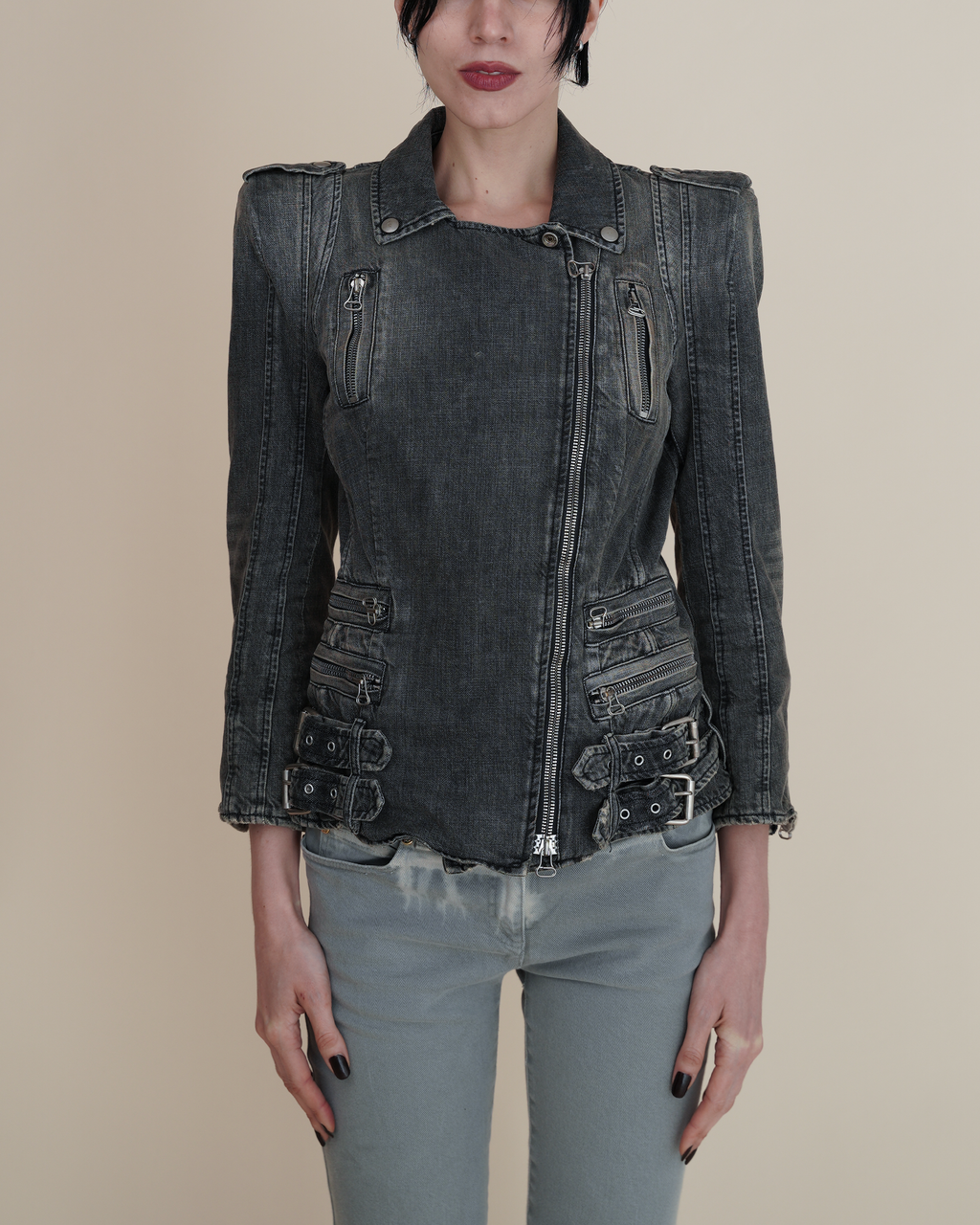 Balmain Faded Denim Biker Jacket