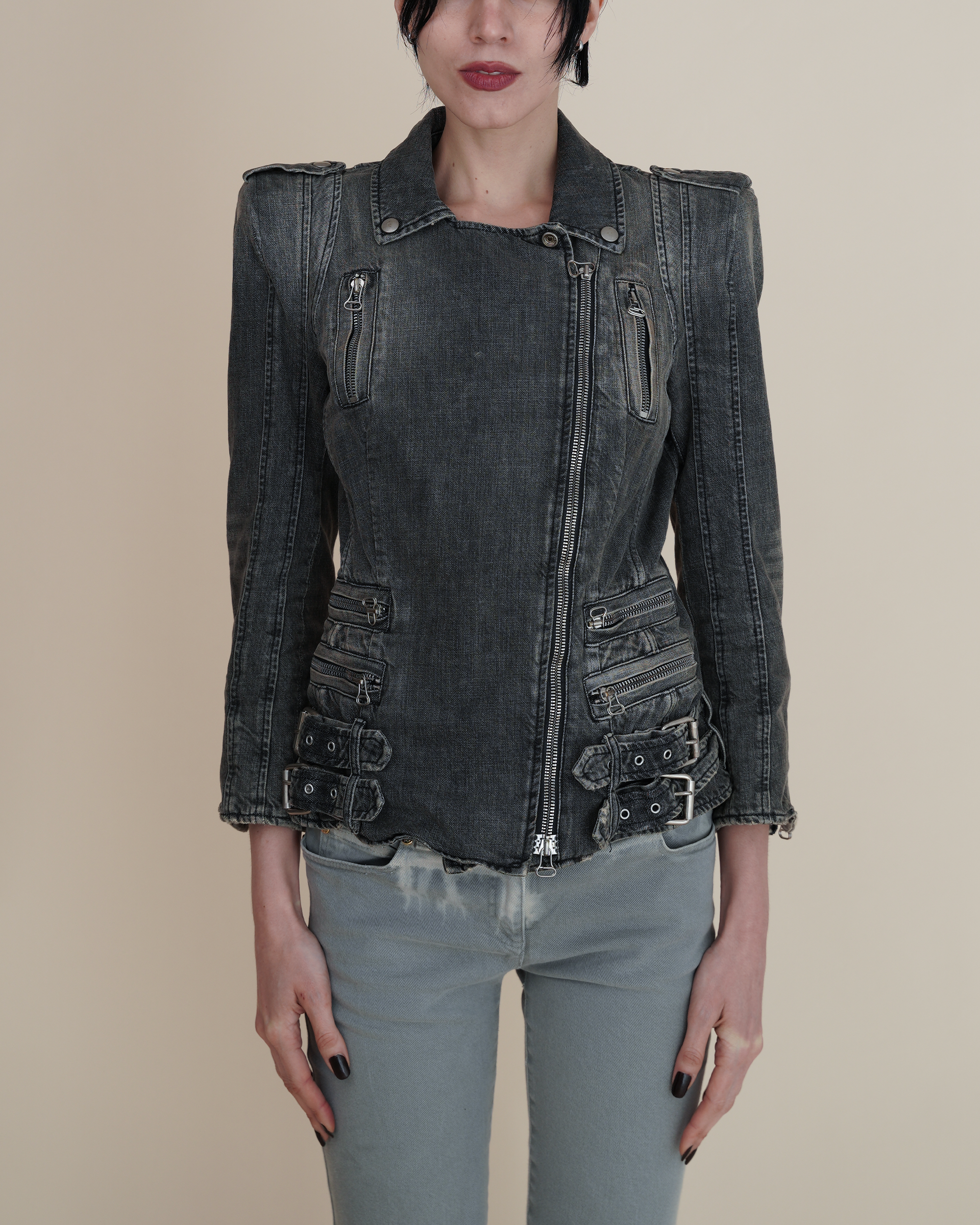 Balmain Faded Denim Biker Jacket