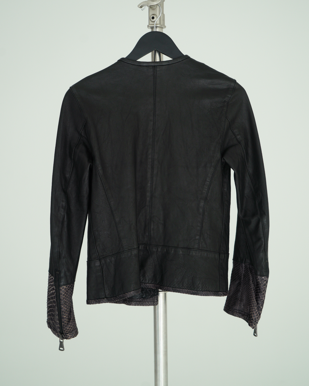 Empresa Asymmetric Lambskin and Python-Trim Leather Jacket