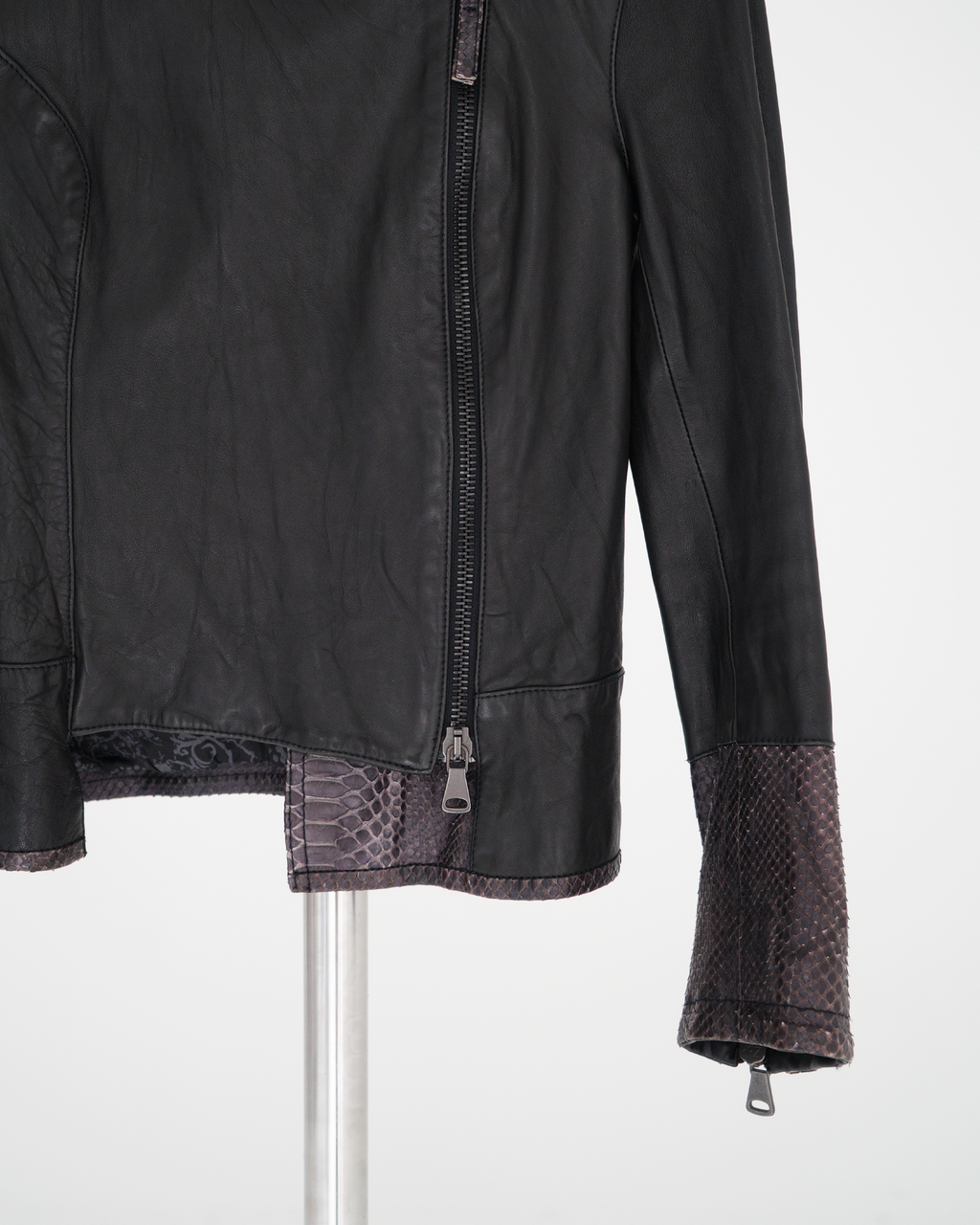 Empresa Asymmetric Lambskin and Python-Trim Leather Jacket