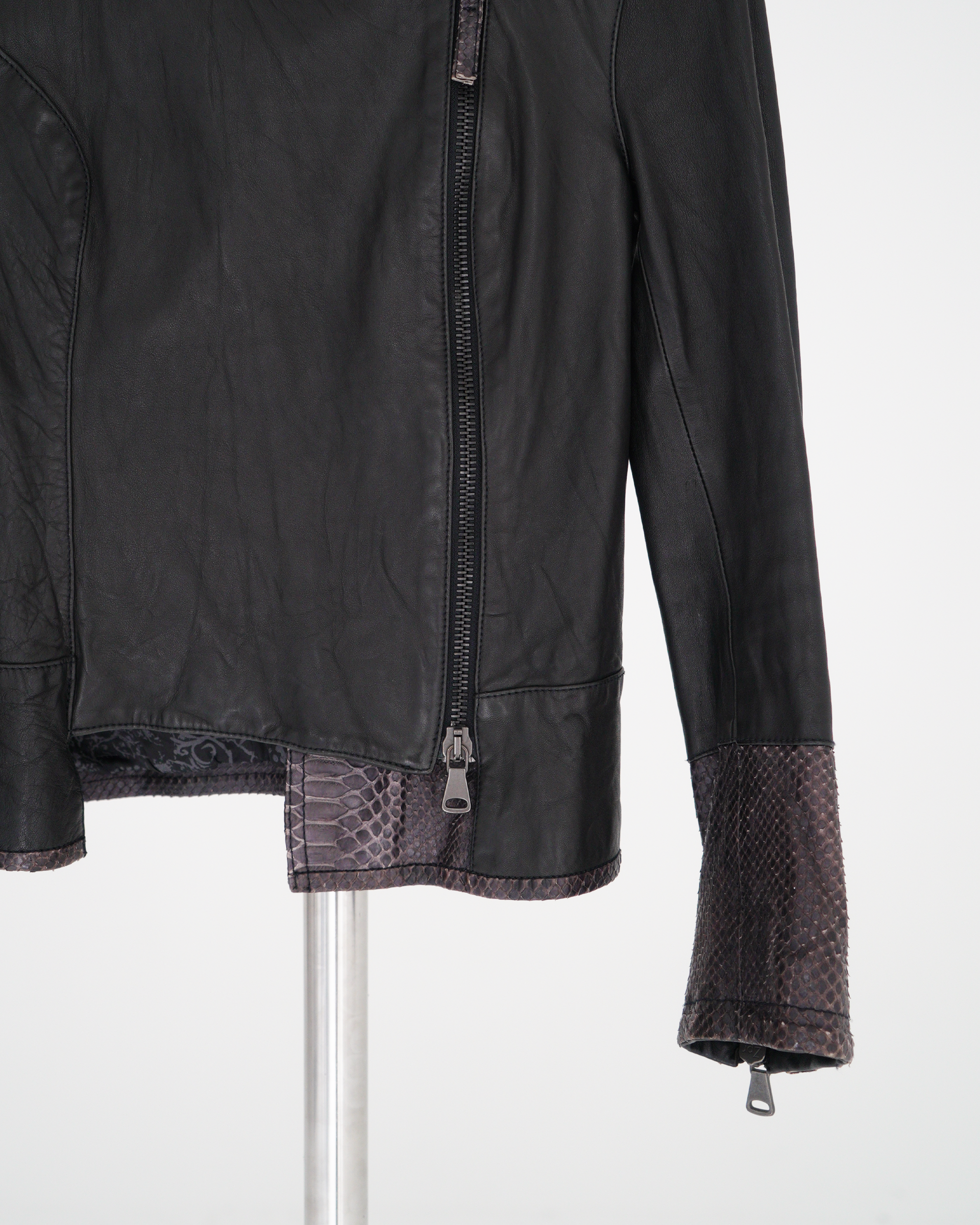 Empresa Asymmetric Lambskin and Python-Trim Leather Jacket