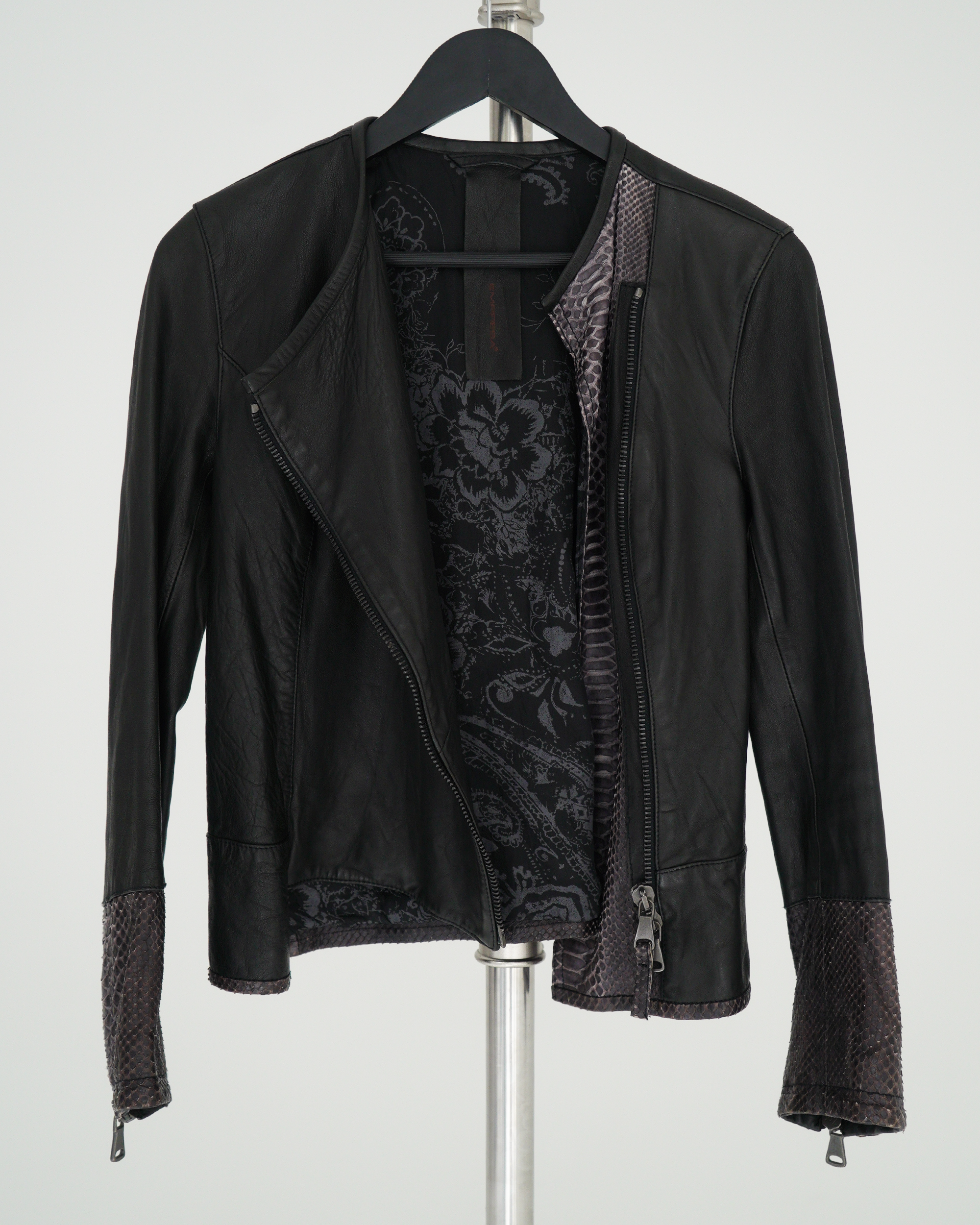 Empresa Asymmetric Lambskin and Python-Trim Leather Jacket