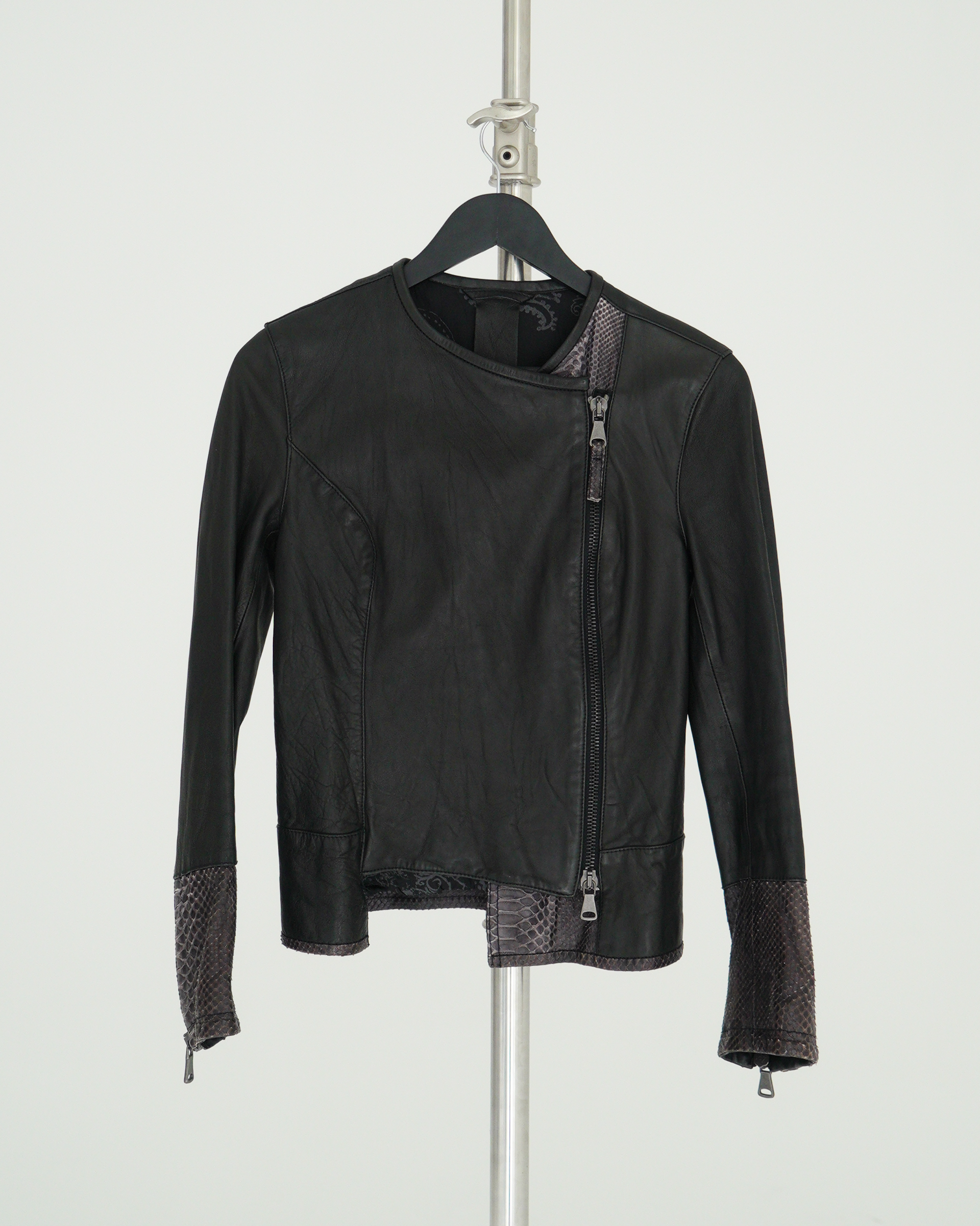 Empresa Asymmetric Lambskin and Python-Trim Leather Jacket