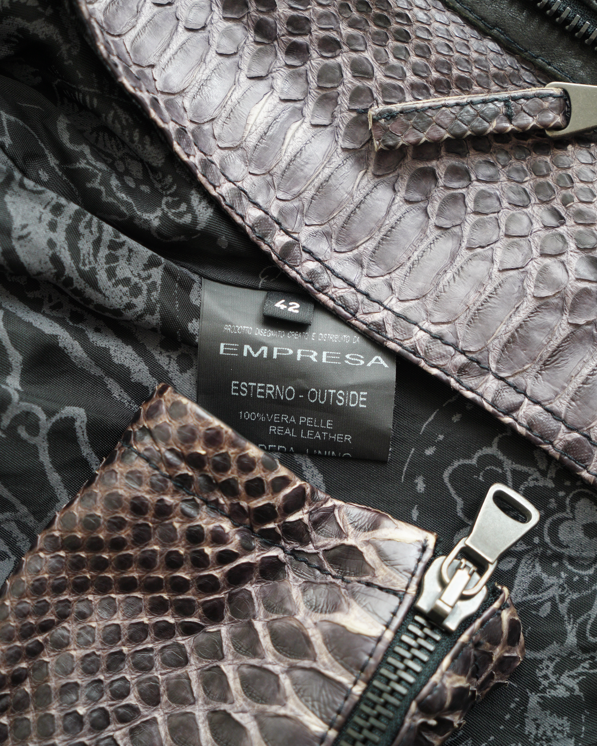 Empresa Asymmetric Lambskin and Python-Trim Leather Jacket