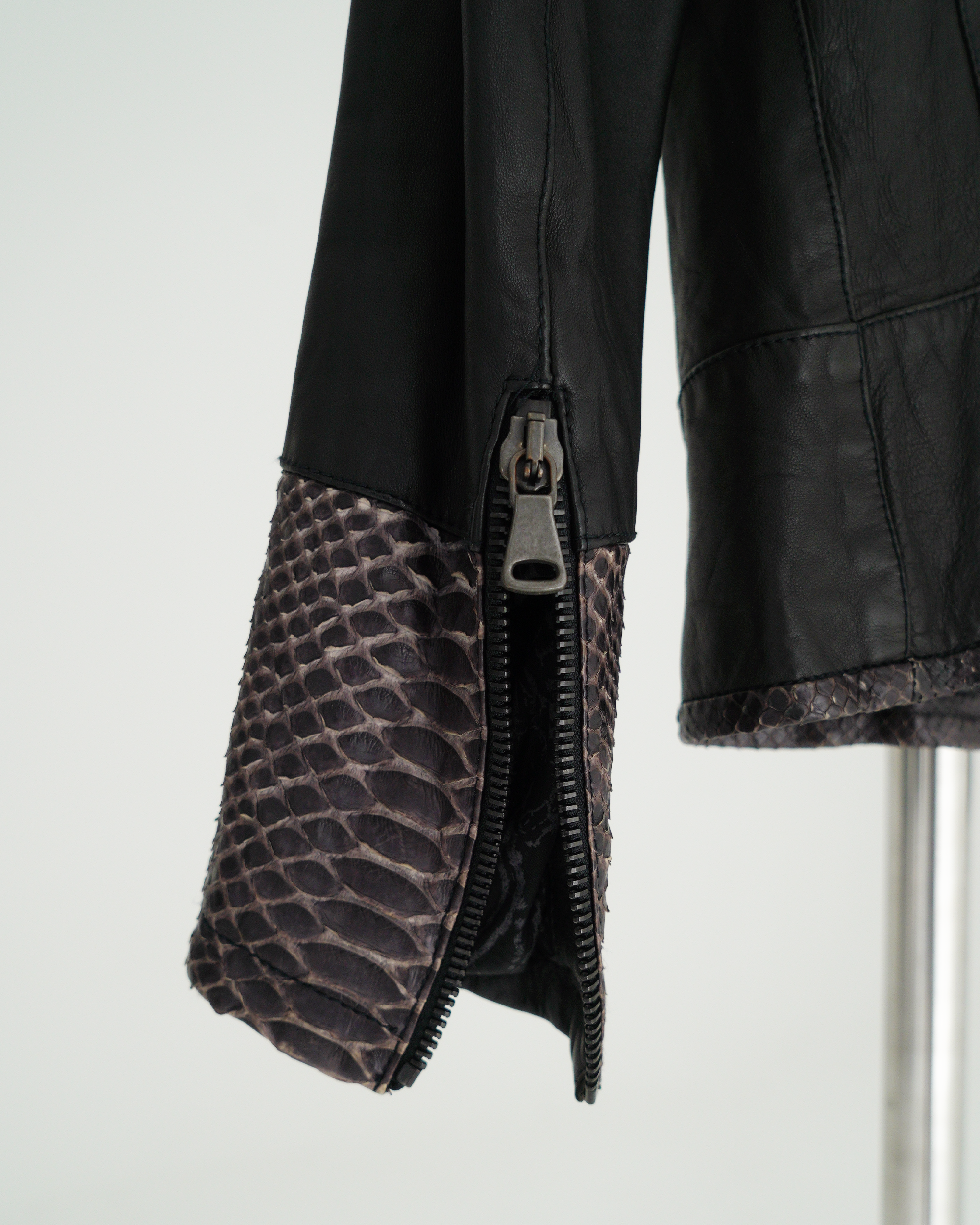 Empresa Asymmetric Lambskin and Python-Trim Leather Jacket