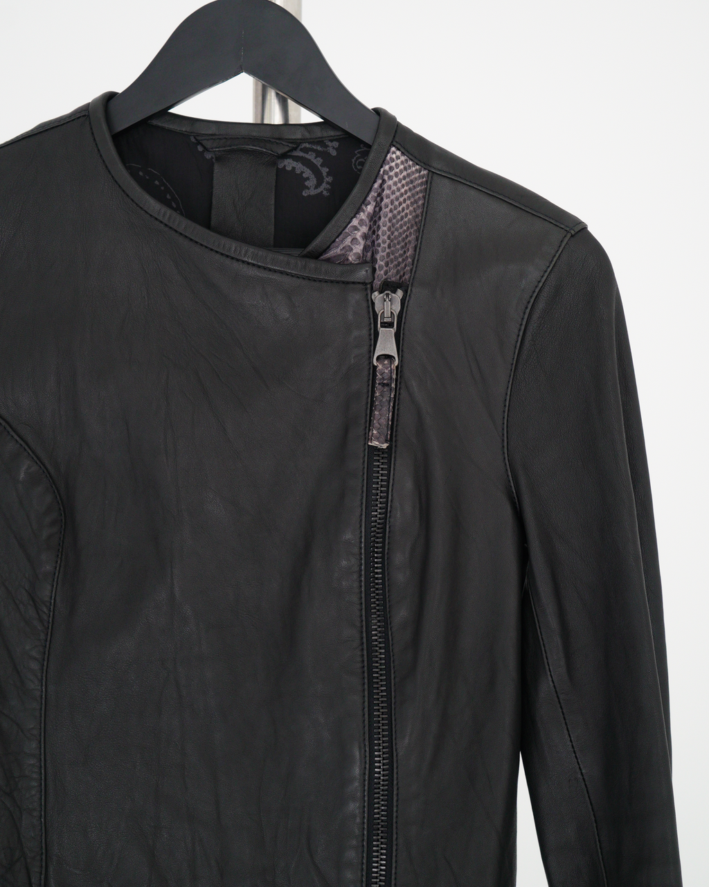 Empresa Asymmetric Lambskin and Python-Trim Leather Jacket