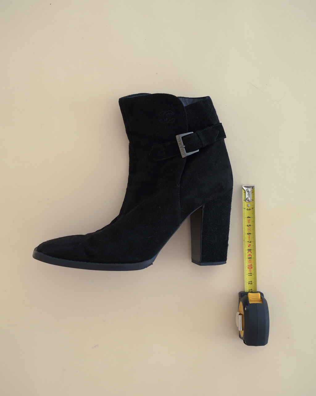 Chanel Suede Buckle Block-Heel Ankle Boots