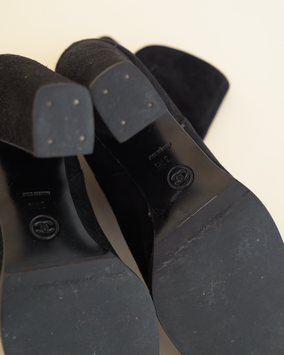 Chanel Suede Buckle Block-Heel Ankle Boots