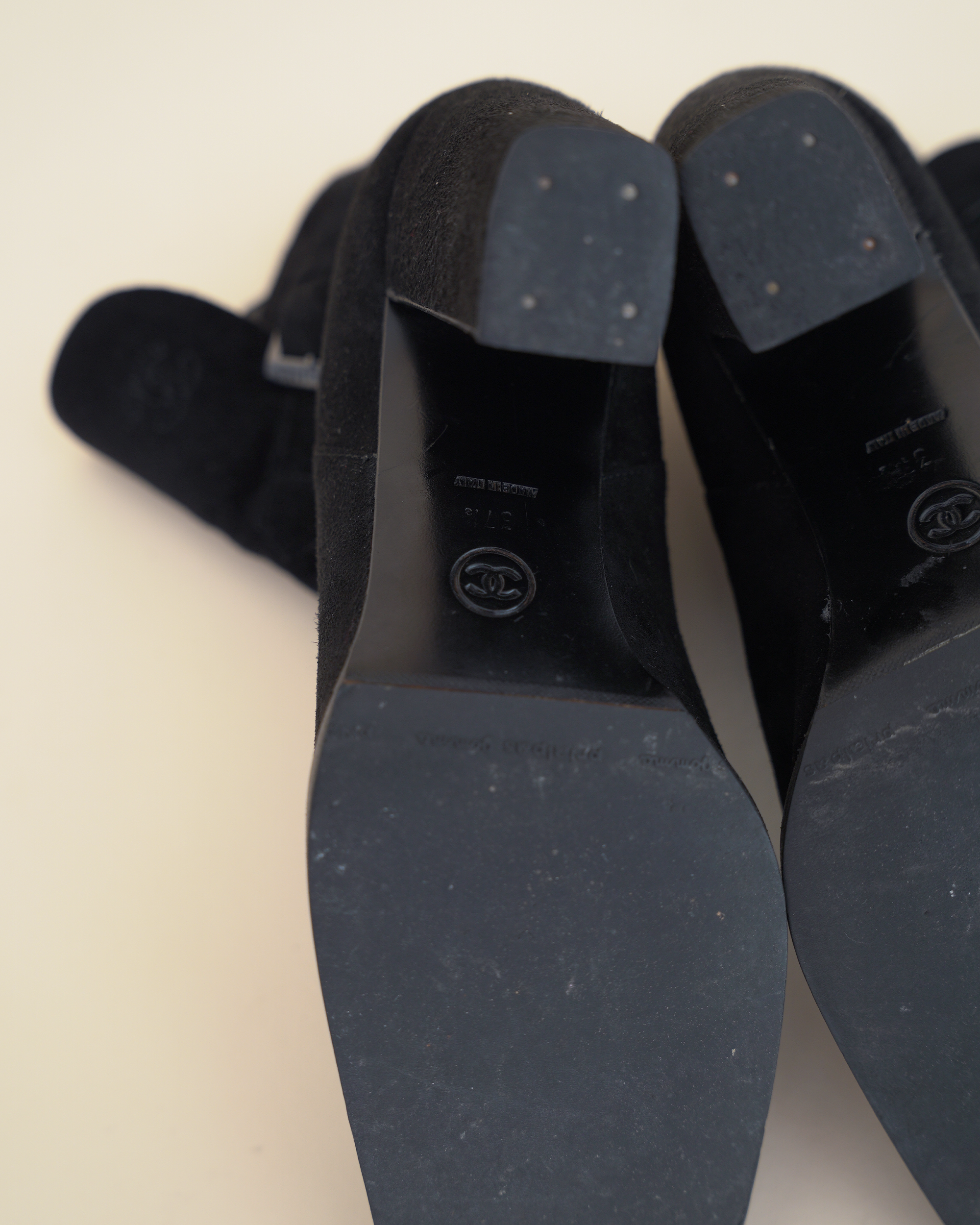 Chanel Suede Buckle Block-Heel Ankle Boots