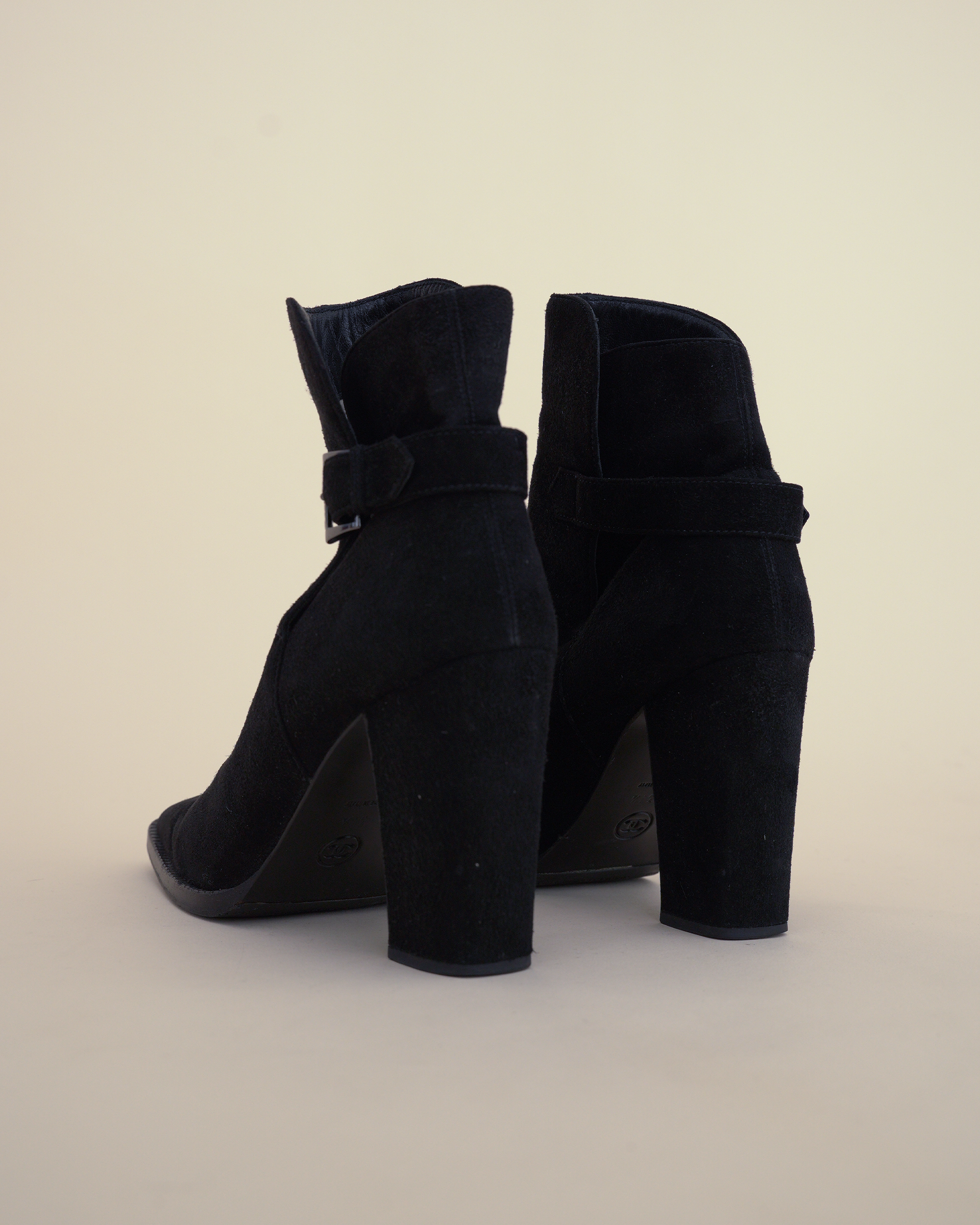 Chanel Suede Buckle Block-Heel Ankle Boots