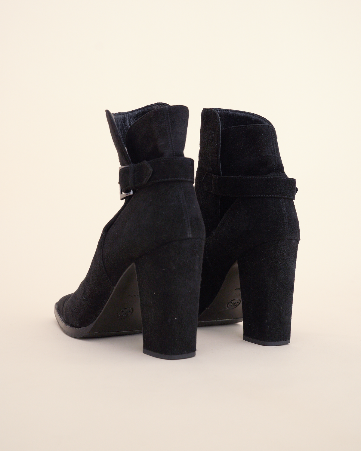 Chanel Suede Buckle Block-Heel Ankle Boots