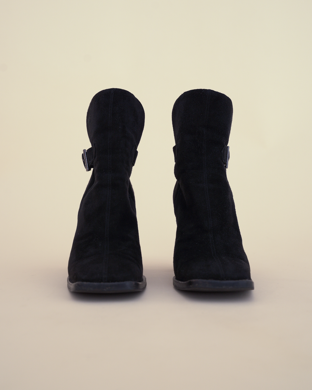 Chanel Suede Buckle Block-Heel Ankle Boots