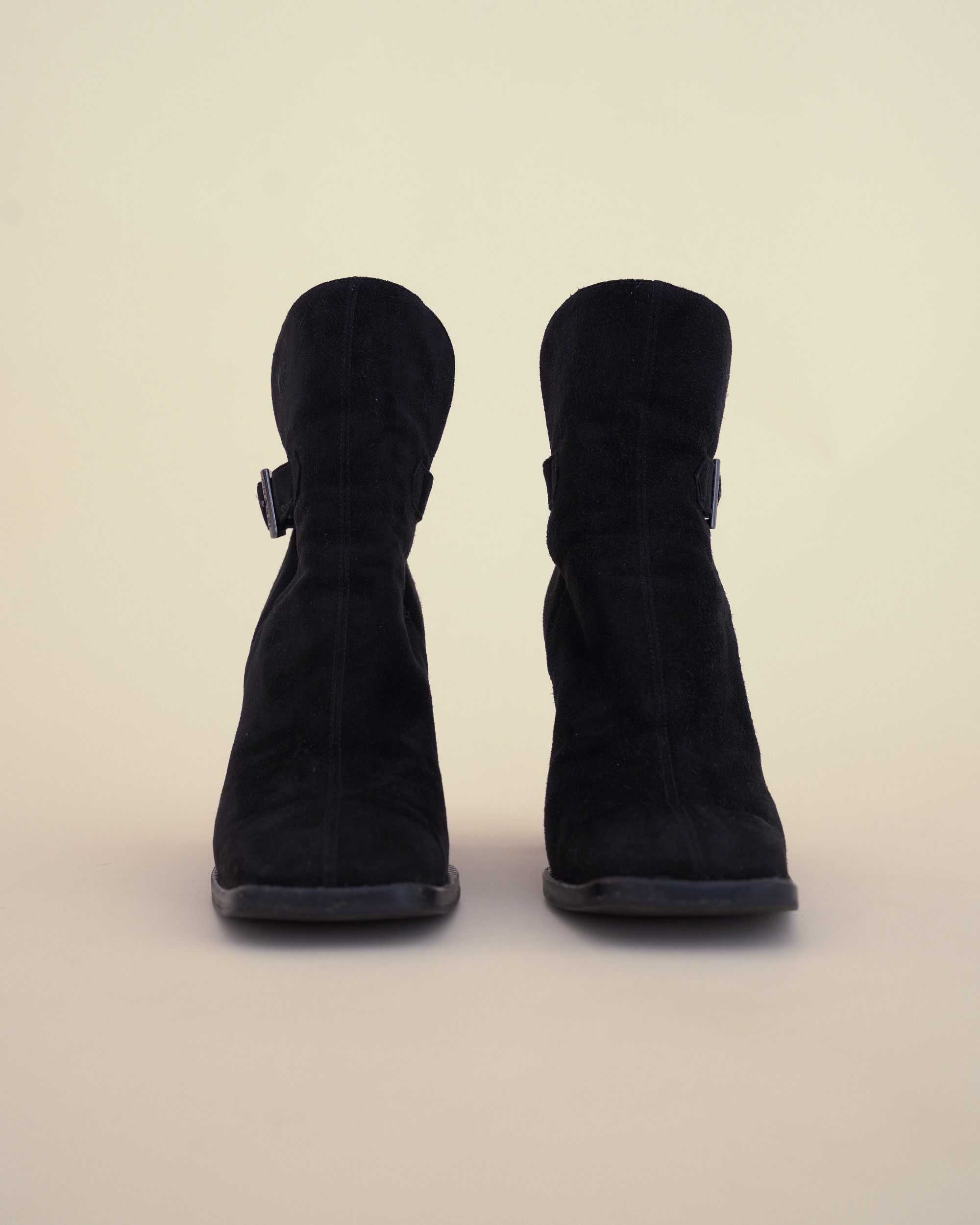 Chanel Suede Buckle Block-Heel Ankle Boots