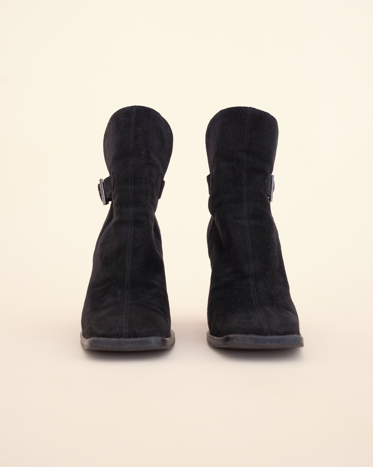 Chanel Suede Buckle Block-Heel Ankle Boots