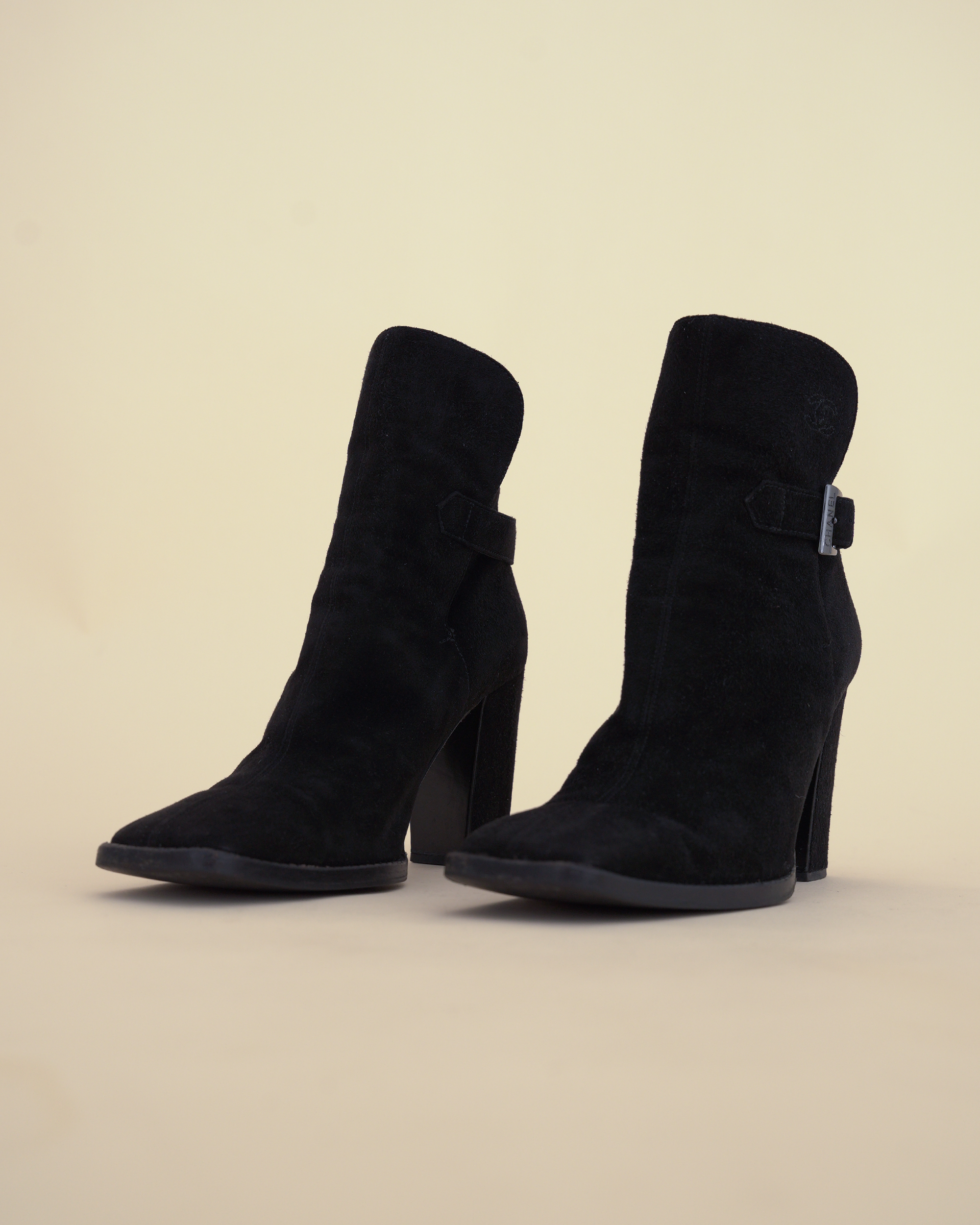 Chanel Suede Buckle Block-Heel Ankle Boots