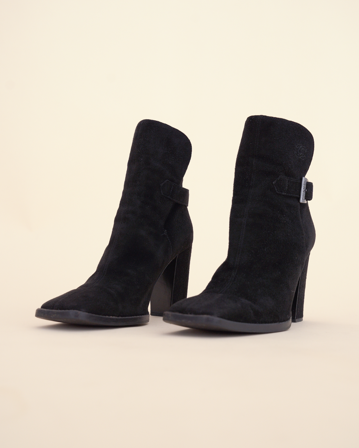 Chanel Suede Buckle Block-Heel Ankle Boots
