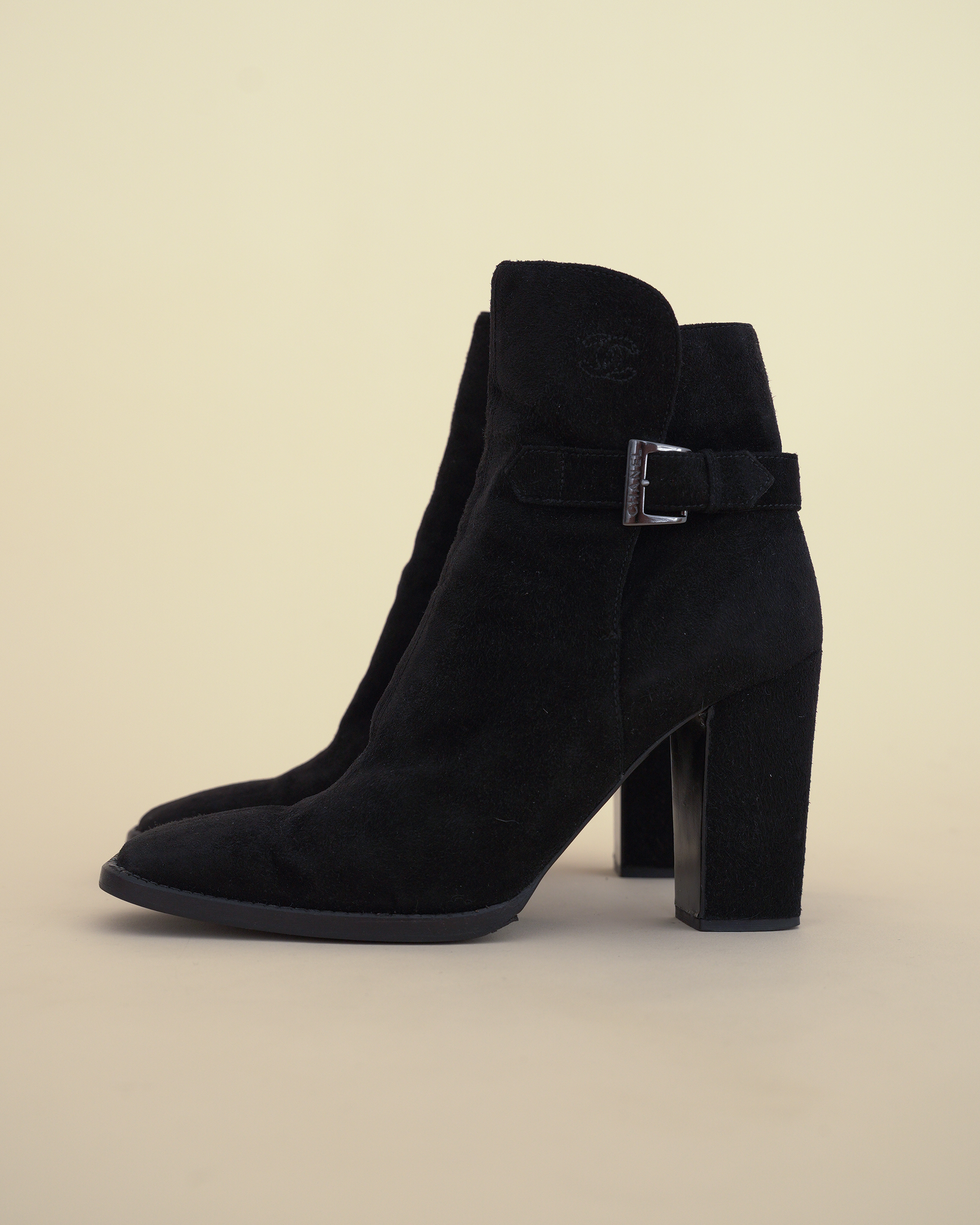 Chanel Suede Buckle Block-Heel Ankle Boots