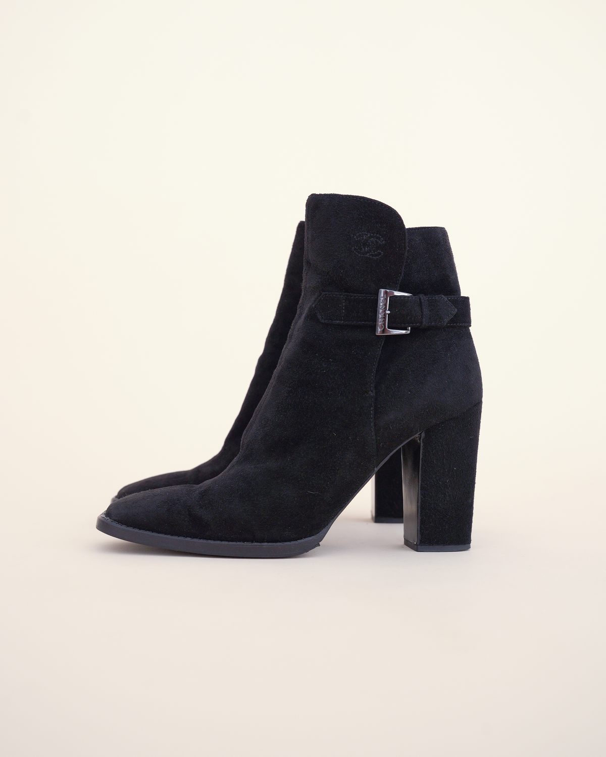 Chanel Suede Buckle Block-Heel Ankle Boots