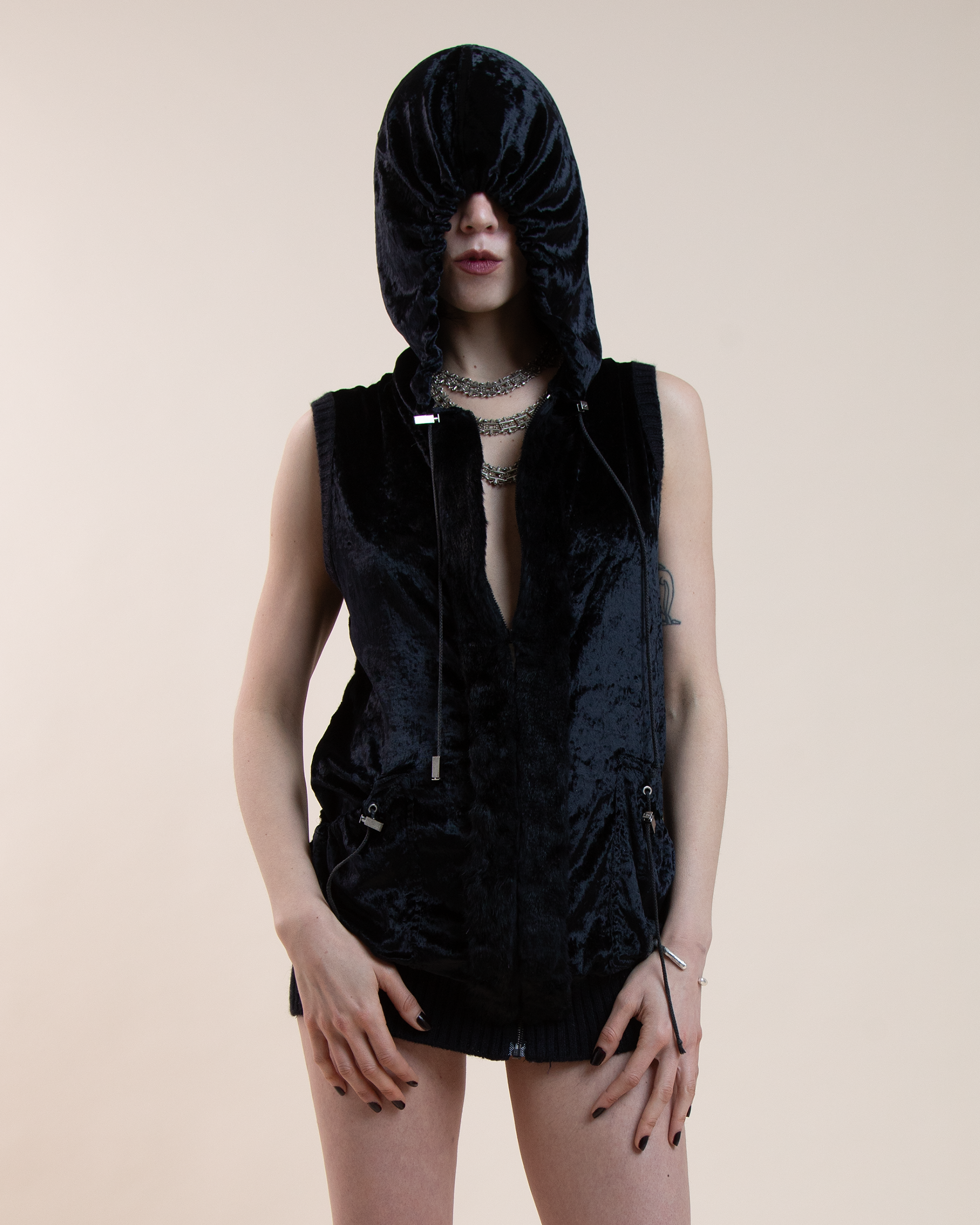 Christian Dior Boutique by John Galliano black sleeveless hoodie vest.