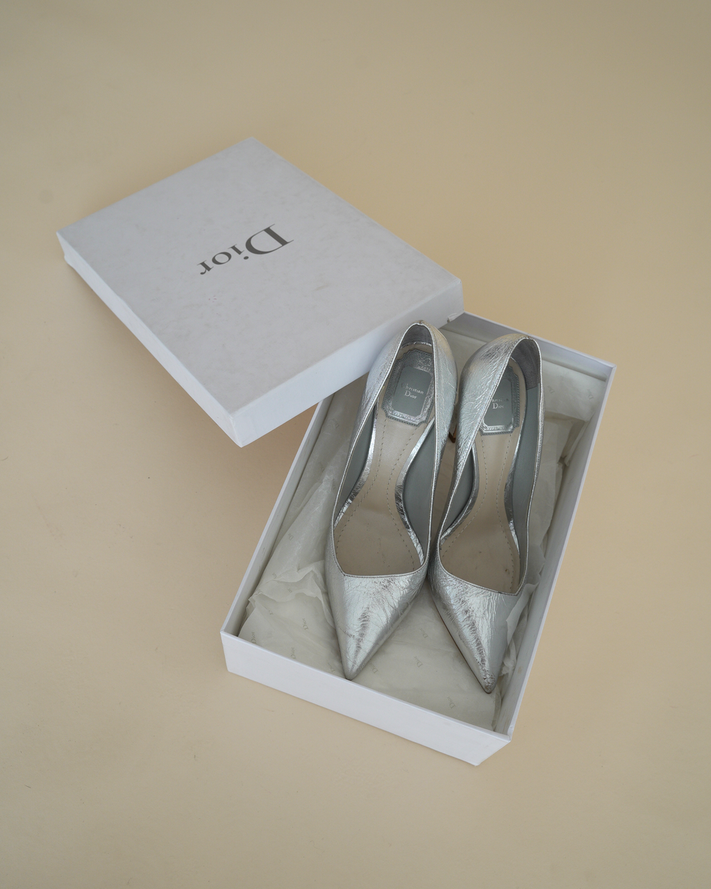 Christian Dior silver crinkle leather “Songe” pumps