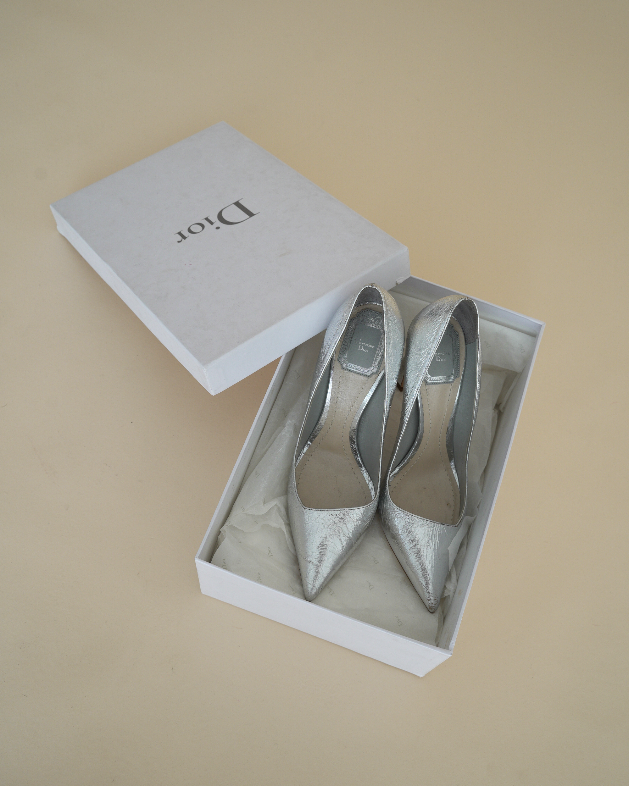 Christian Dior silver crinkle leather “Songe” pumps