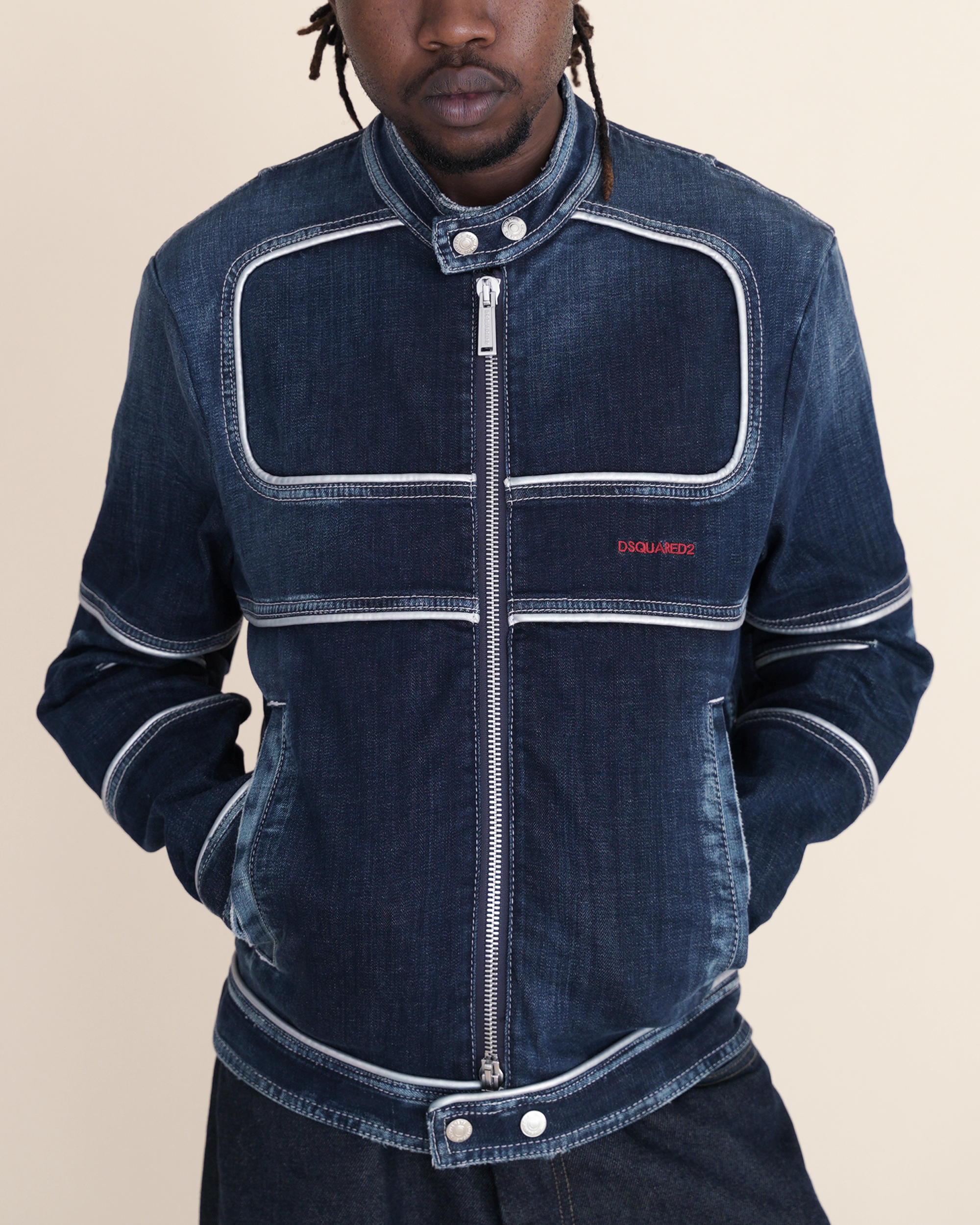 Dsquared2 Heritage Contrast-Piping Denim Biker Jacket