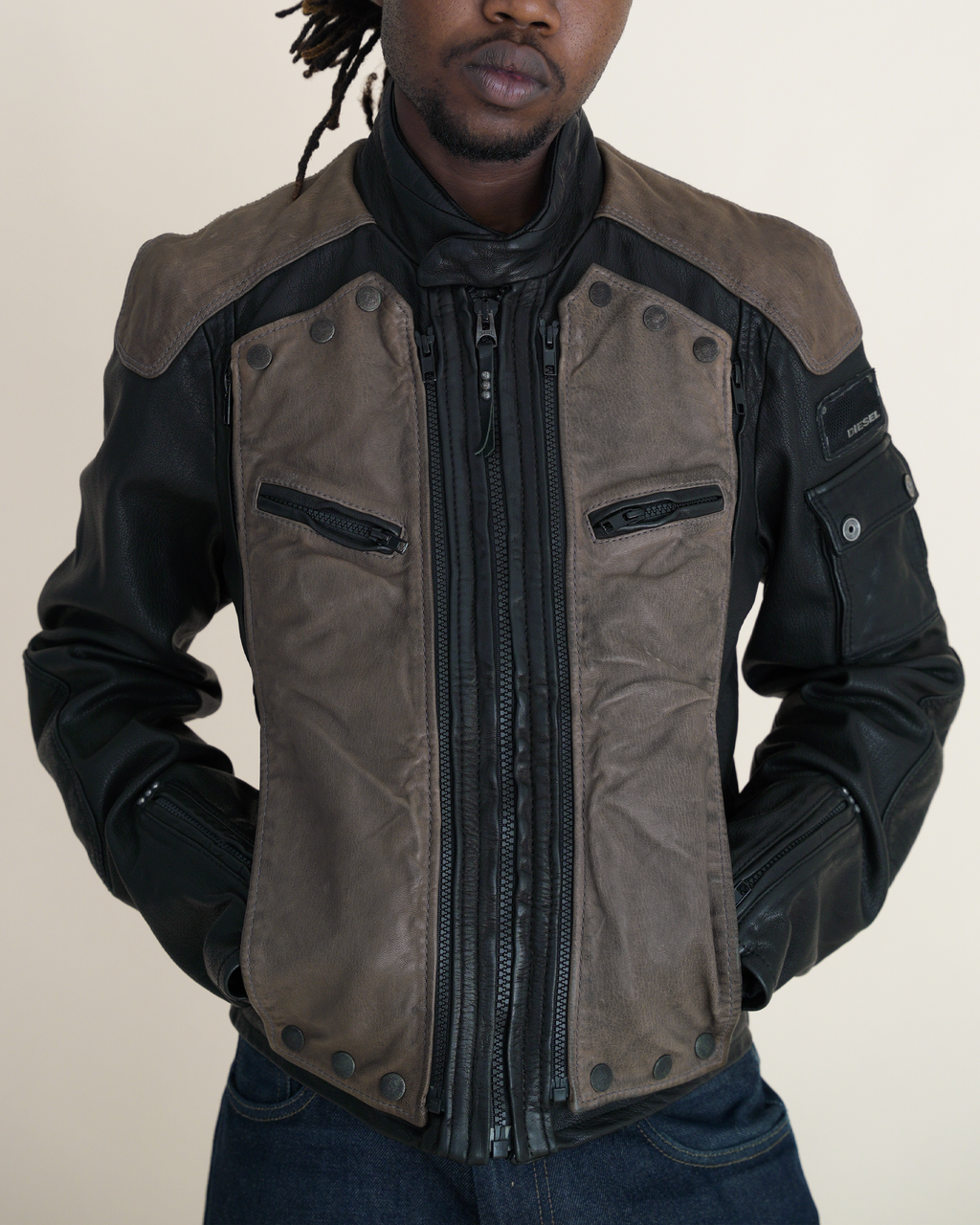 Archival Diesel Y2K Modular Multi-Panel Leather Moto Jacket