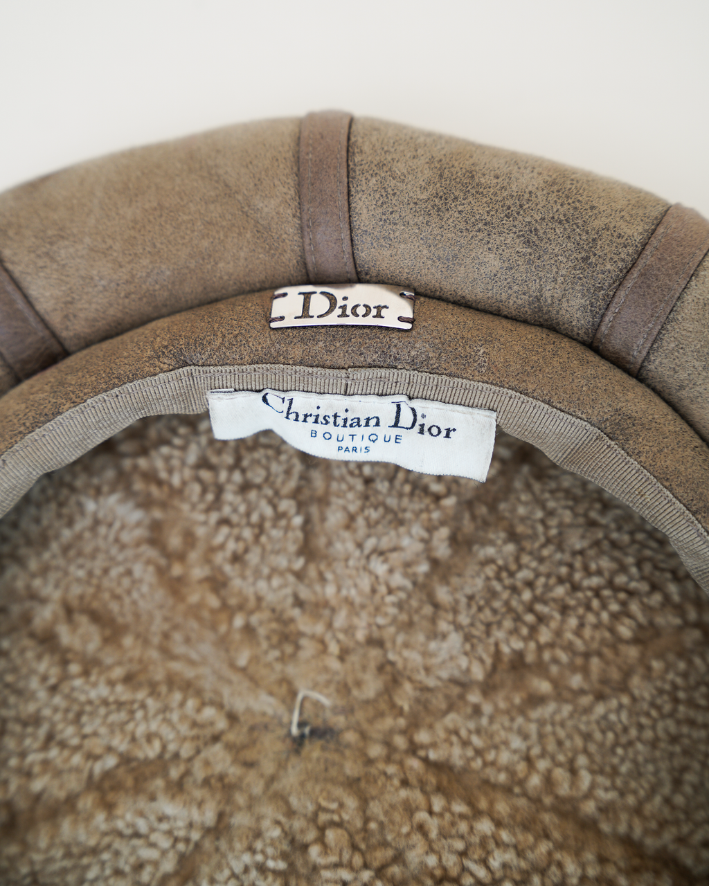 Christian Dior by John Galliano Distressed Suede & Shearling Baker Boy Cap