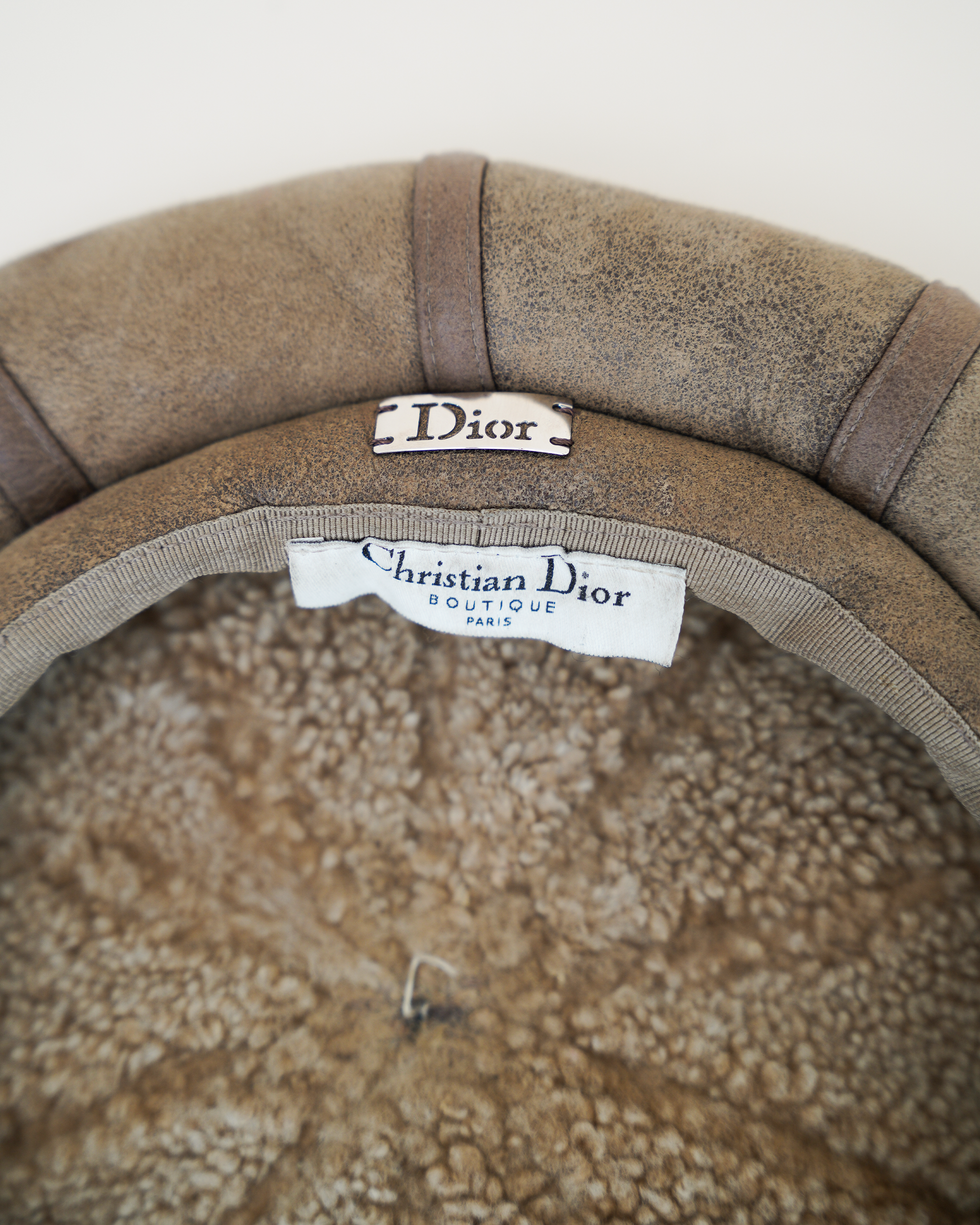 Christian Dior by John Galliano Distressed Suede & Shearling Baker Boy Cap