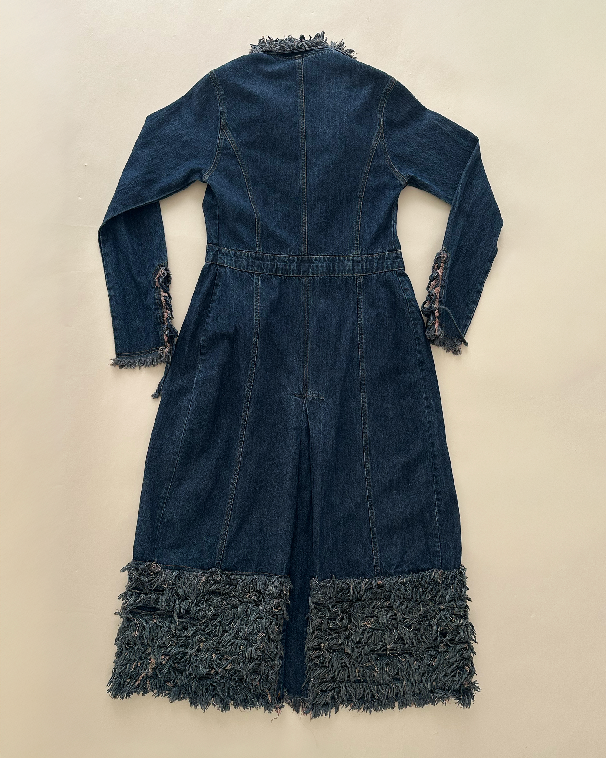 Y2K “Simply Wild” Shag-Fringe Distressed Denim Duster Coat