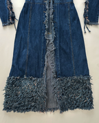 Y2K “Simply Wild” Shag-Fringe Distressed Denim Duster Coat