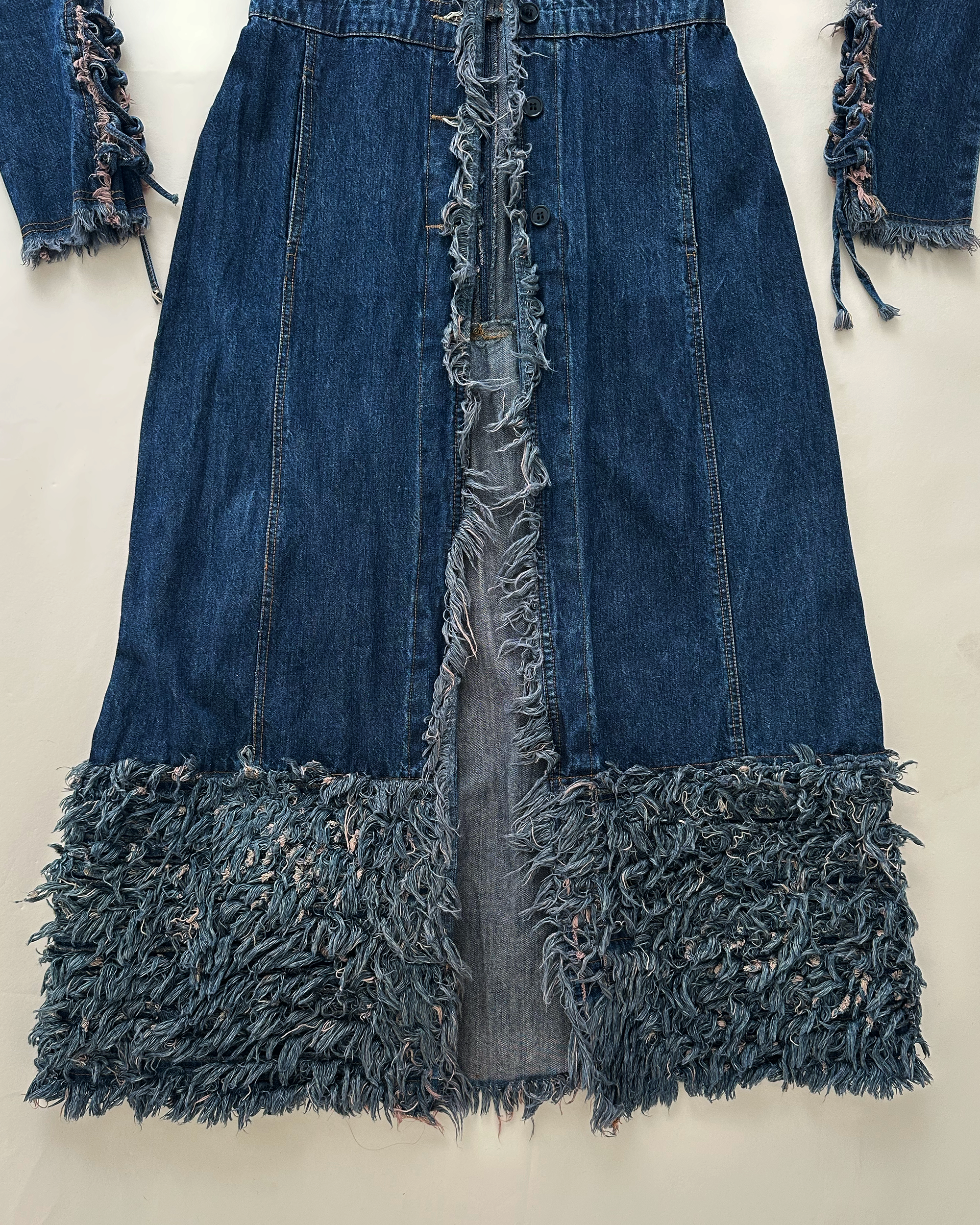 Y2K “Simply Wild” Shag-Fringe Distressed Denim Duster Coat