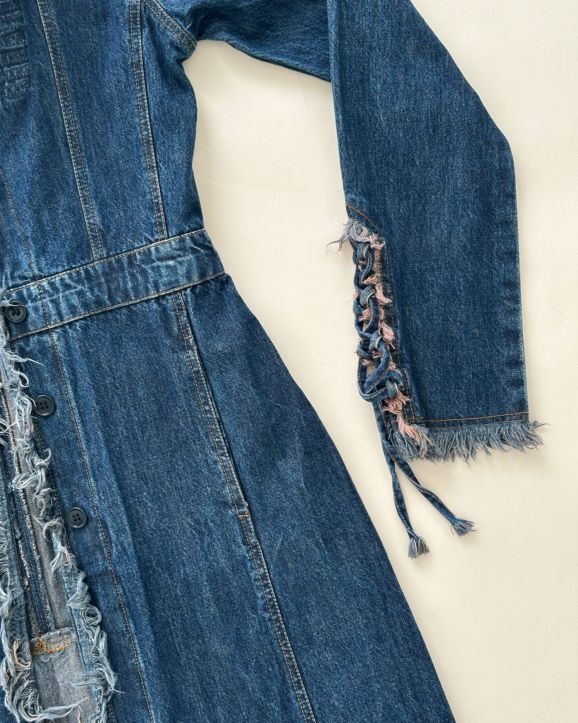 Y2K “Simply Wild” Shag-Fringe Distressed Denim Duster Coat