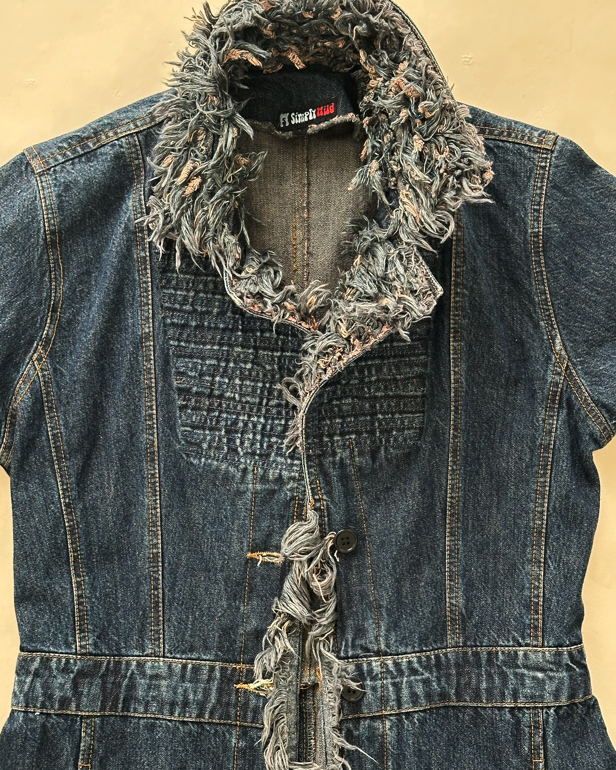 Y2K “Simply Wild” Shag-Fringe Distressed Denim Duster Coat