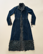 Y2K “Simply Wild” Shag-Fringe Distressed Denim Duster Coat