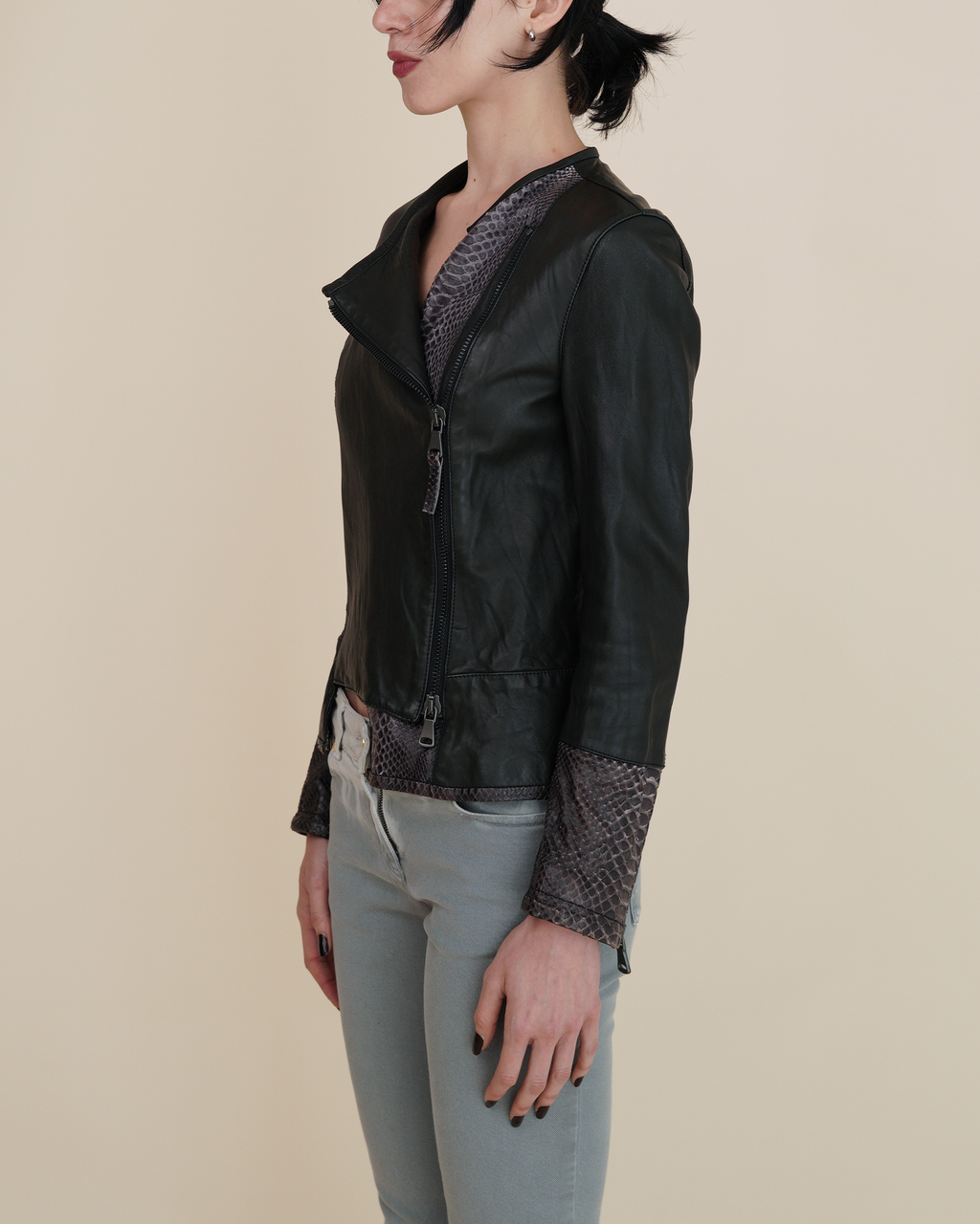 Empresa Asymmetric Lambskin and Python-Trim Leather Jacket