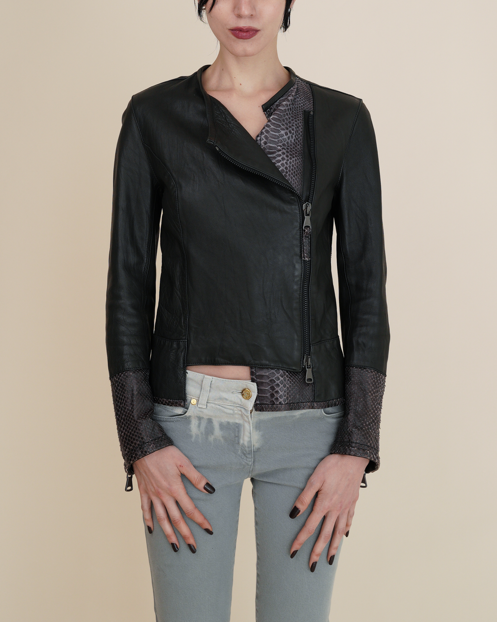 Empresa Asymmetric Lambskin and Python-Trim Leather Jacket