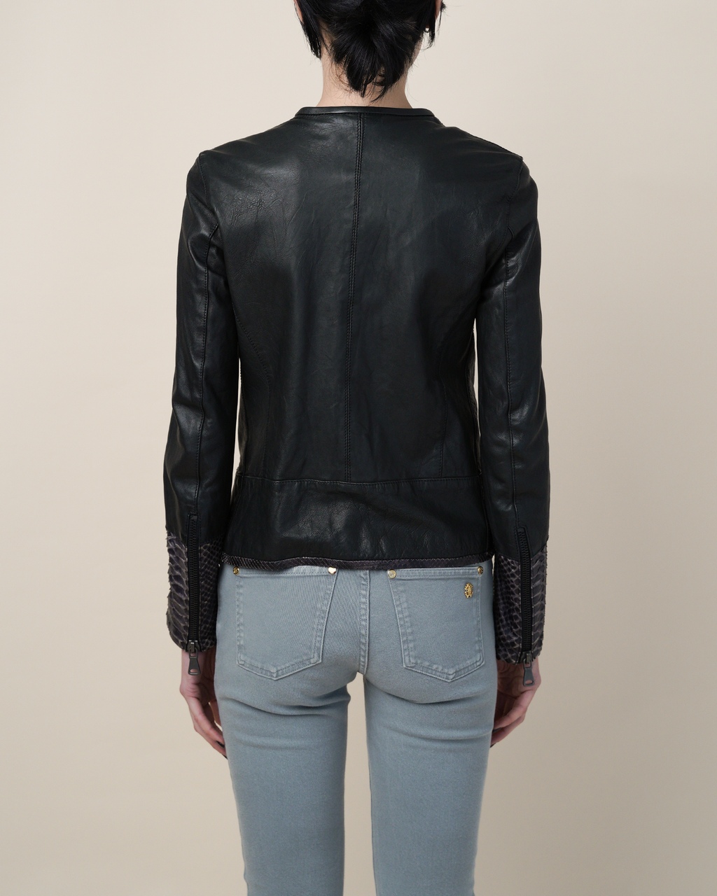 Empresa Asymmetric Lambskin and Python-Trim Leather Jacket