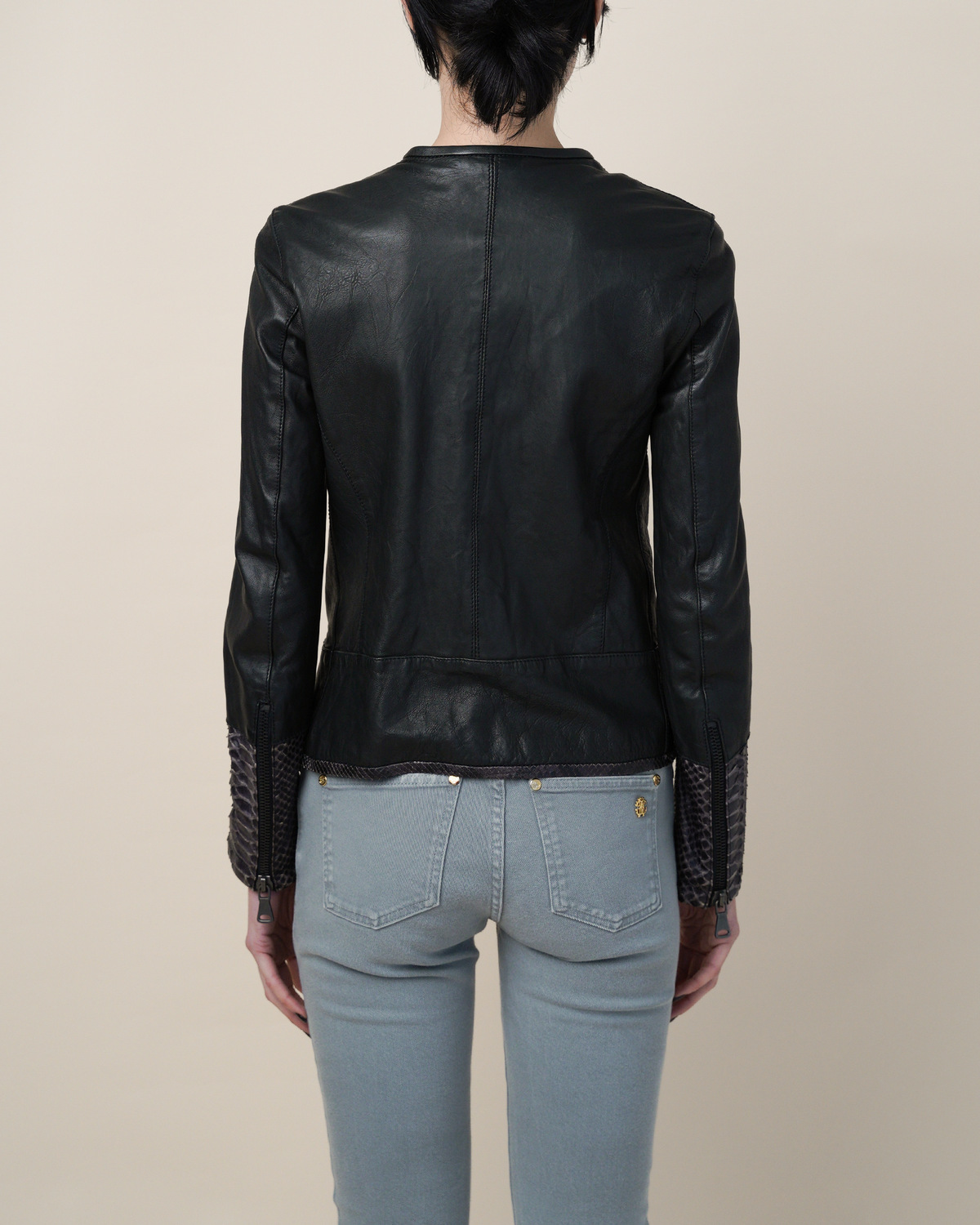 Empresa Asymmetric Lambskin and Python-Trim Leather Jacket