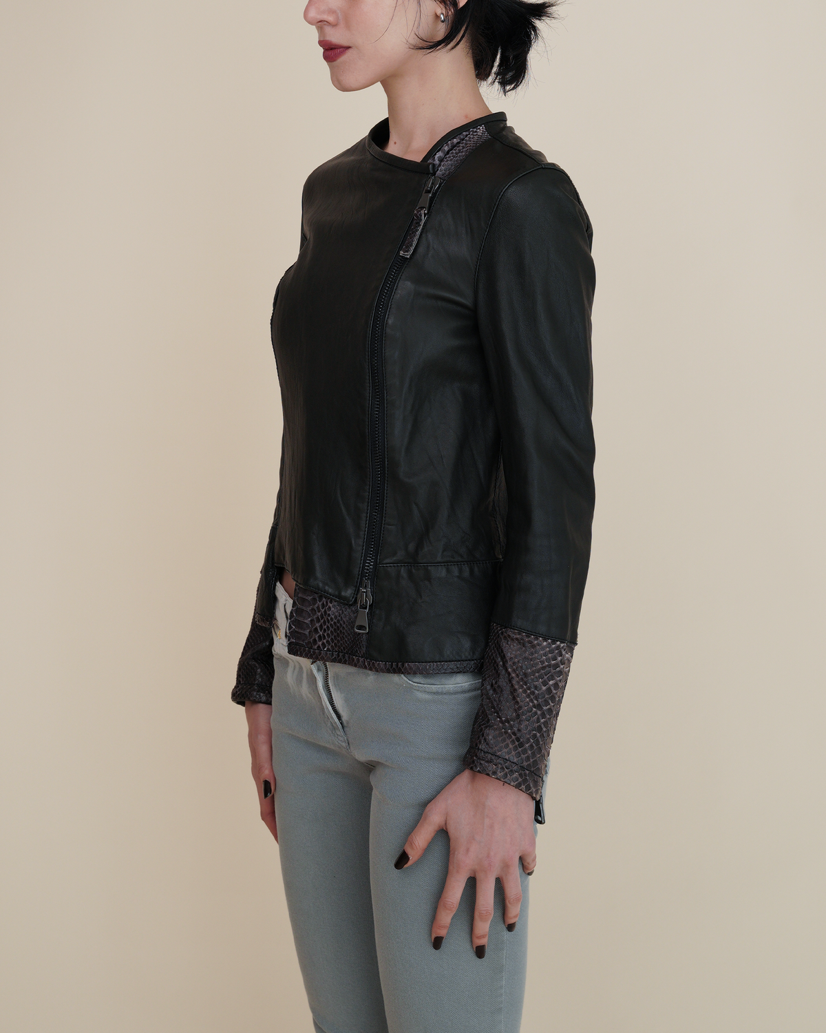 Empresa Asymmetric Lambskin and Python-Trim Leather Jacket
