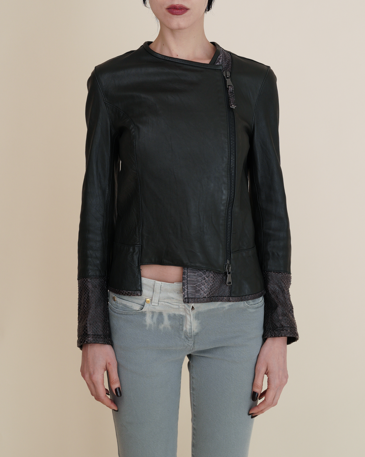 Empresa Asymmetric Lambskin and Python-Trim Leather Jacket