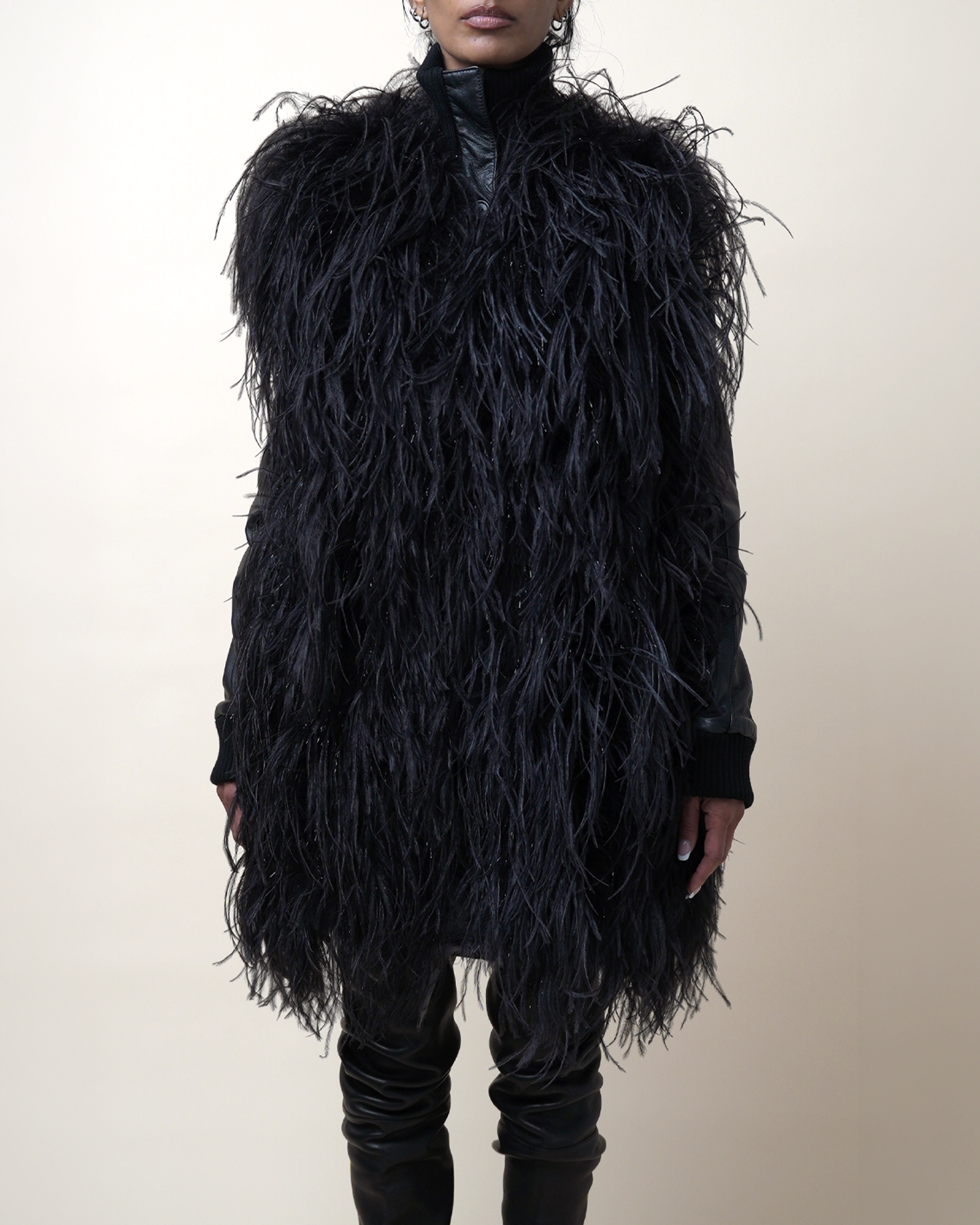 Maison Martin Margiela Ostrich Feather-Trimmed Lambskin Short Coat
