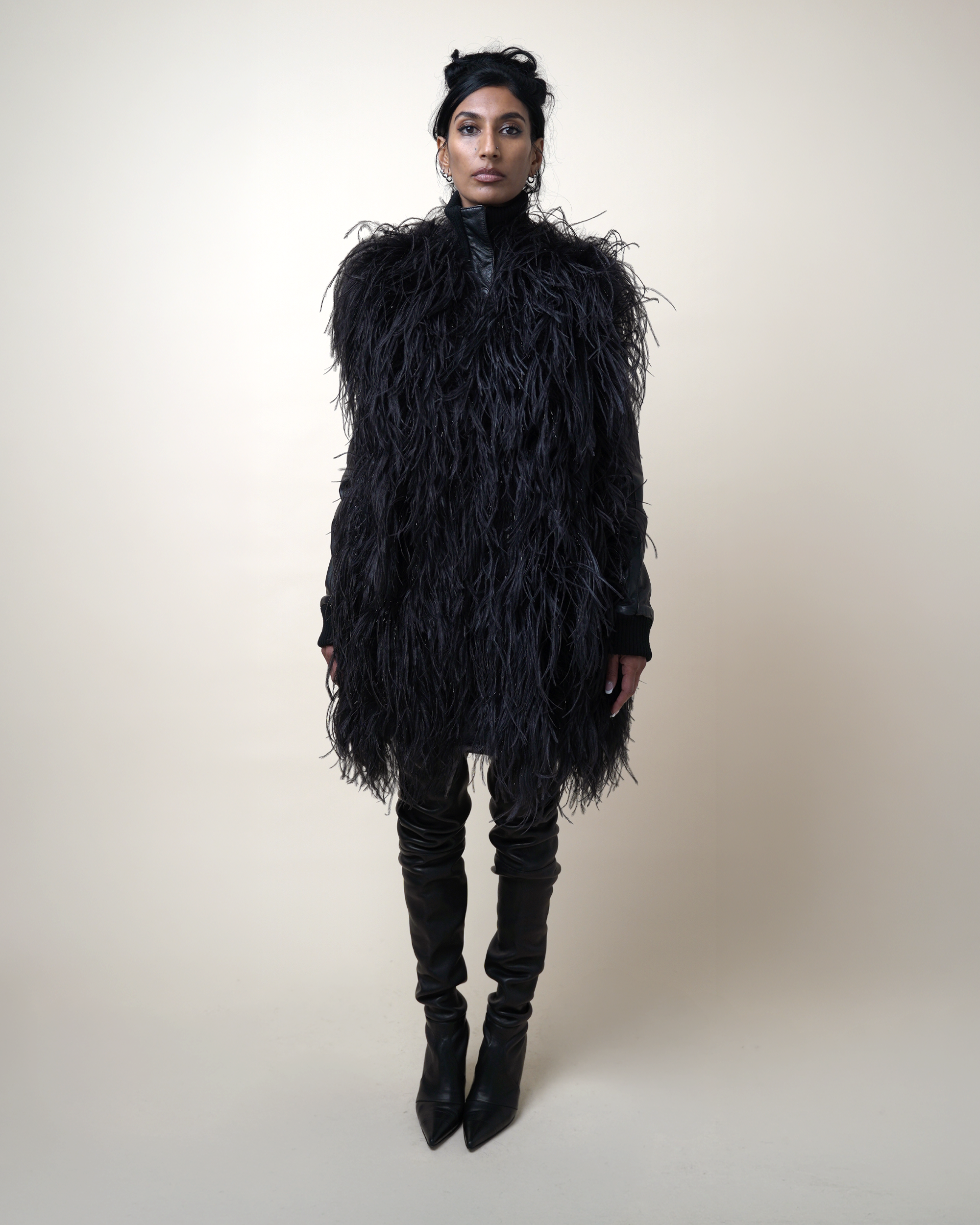 Maison Martin Margiela Ostrich Feather-Trimmed Lambskin Short Coat