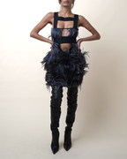 Preen by Thornton Bregazzi Feathered Cage-Harness Mini Dress
