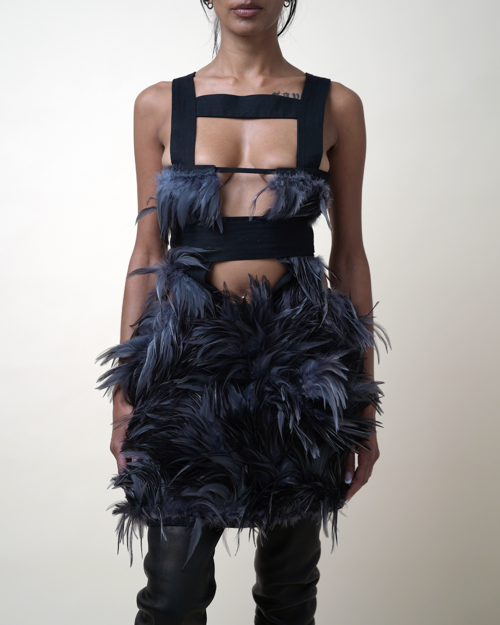 Preen by Thornton Bregazzi Feathered Cage-Harness Mini Dress