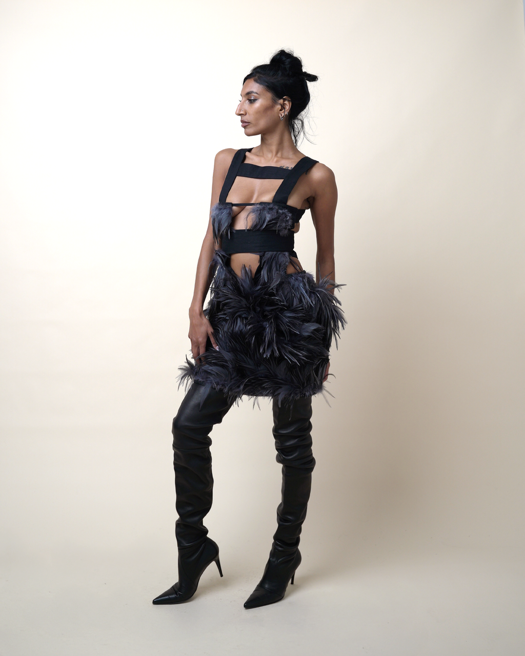 Preen by Thornton Bregazzi Feathered Cage-Harness Mini Dress