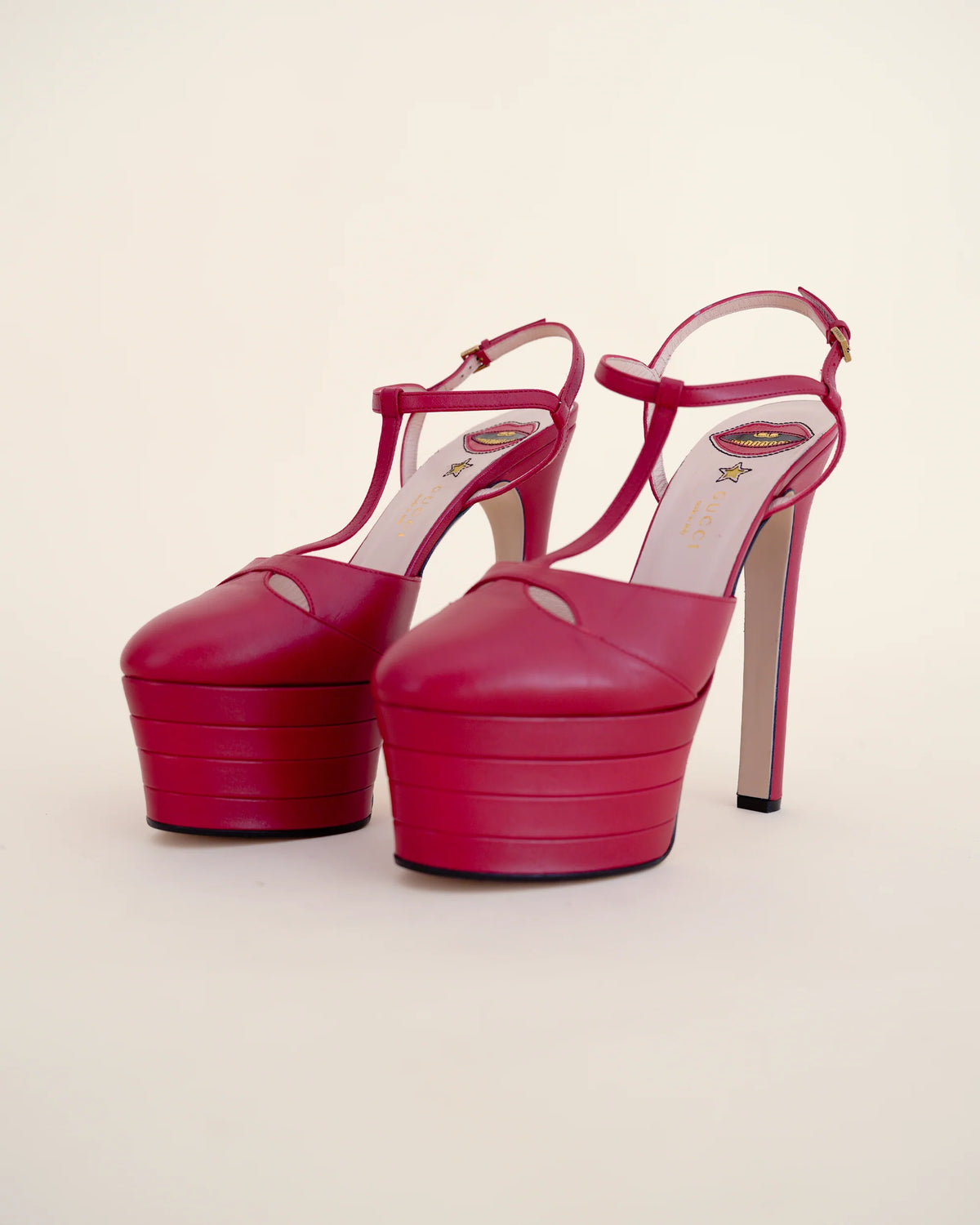 Gucci by Alessandro Michele “Angel” Leather T-Strap Platform Pumps