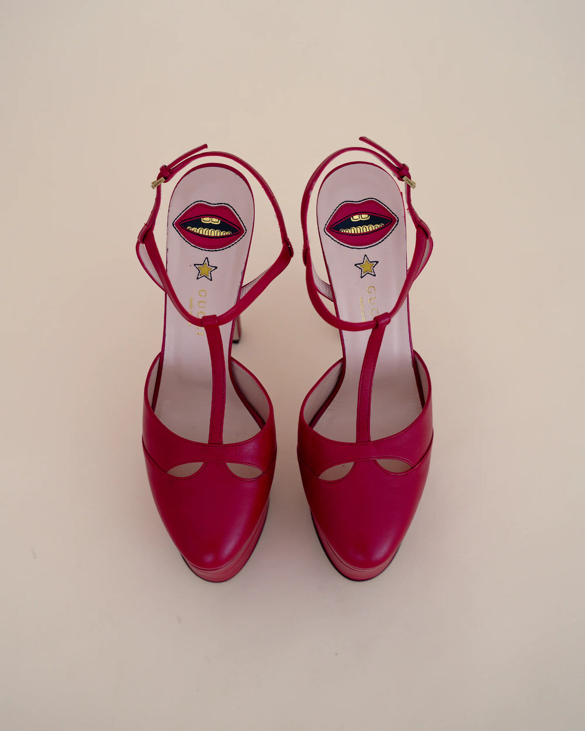 Gucci by Alessandro Michele “Angel” Leather T-Strap Platform Pumps